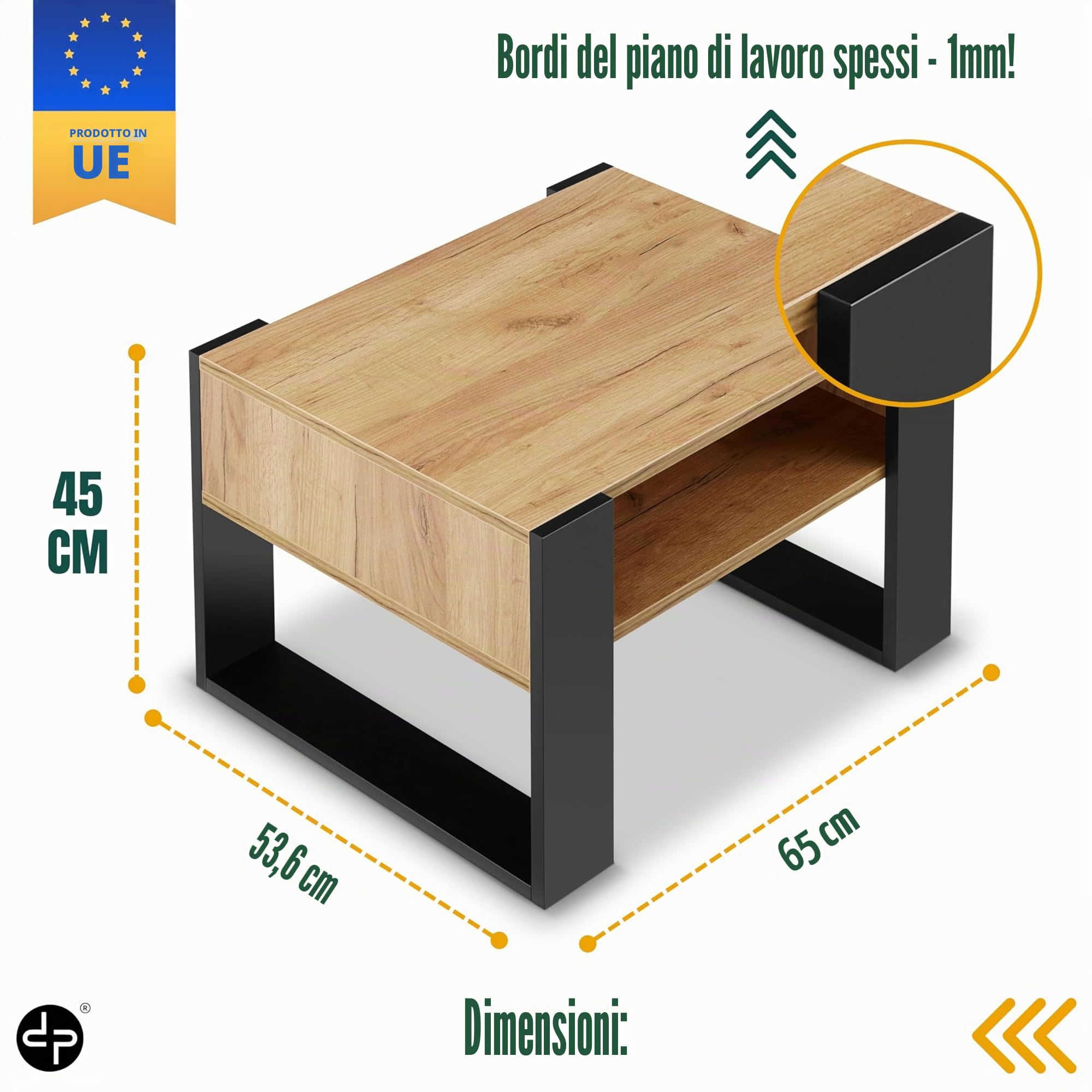 defiPad Tavolino da salotto con spazio di archiviazione, moderno tavolo da soggiorno in rovere | 65 cm di larghezza | tavolo da caffè massiccio e stabile | tavolino da caffè (Nero + Rovere)