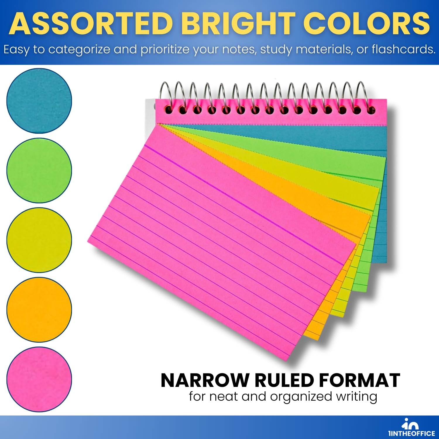 1InTheOffice Spiral Index Cards 3x5 Ruled, Neon Note Cards Spiral Bound, Spiral Bound Index Cards, 50 Cards/Pack, 2 Pack - Image 3