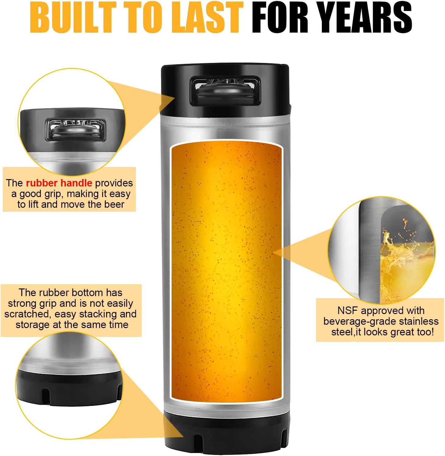 New 5 Gallon Ball Lock Keg, 304SS Corny Keg with Ball Lock Quick Disconnect & Dual Rubber Handles Bottom -Portable Beer Disperse with 2 Lid Gaskets 2 Hose Clamps - Ideal for Homebrew Party