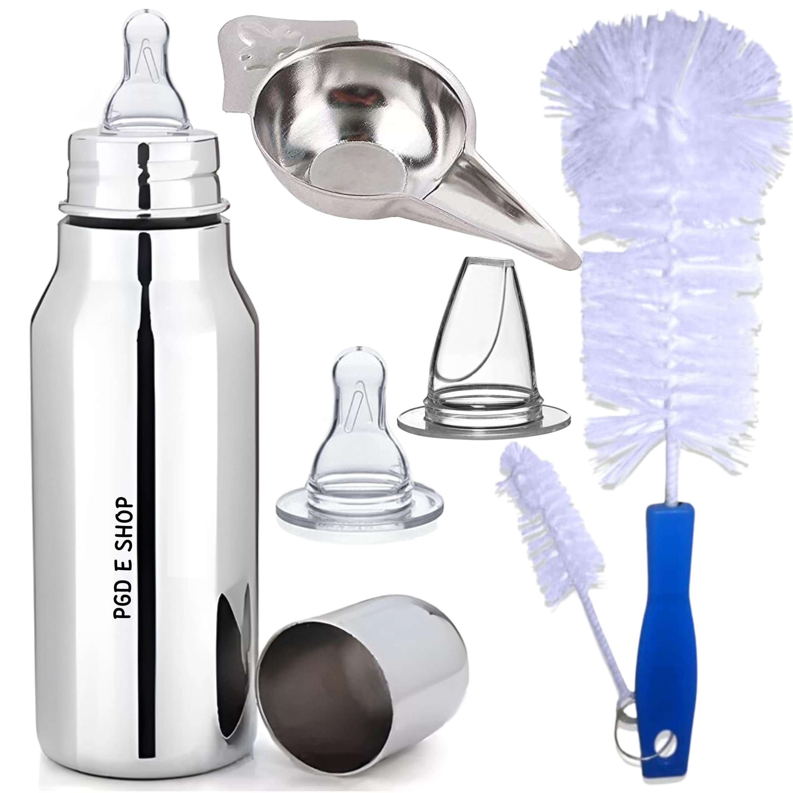 PGD Premium Deluxe Design Stainless Steel Baby Feeding Bottle with Paladai Feeder Spoon, Cleaning Brush Set, Extra Sipper and Nipple for Milk/Water Feeding (Deluxe 350ml Basic Combo)-image-41