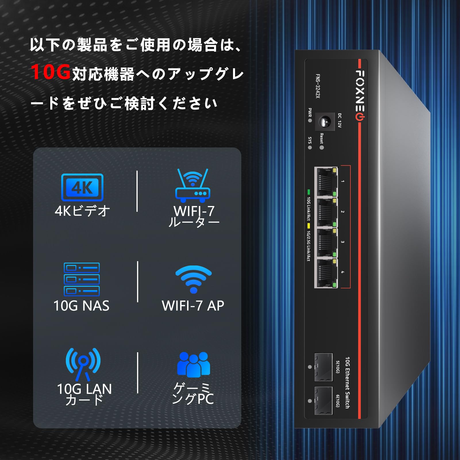 Amazon.co.jp: FOXNEO 10G Switching Hub, 6 Ports, 4 x 10G, RJ45 + 2