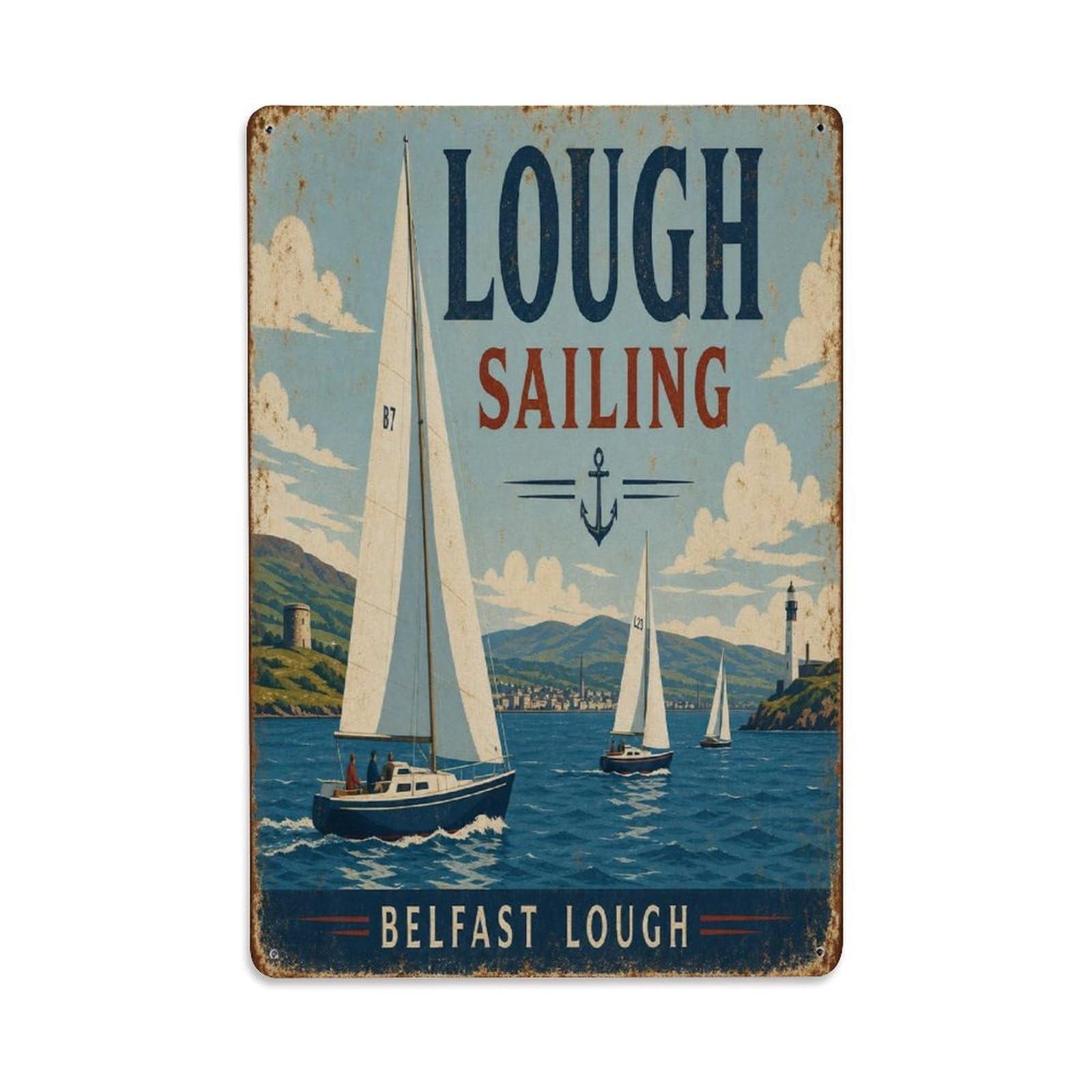 Belfast Lough Ireland Vintage Northern Coast Metal Tin Sign Plaque Wall Decor for Cafe, Man Cave, Club Bar, Office, Home Garden Round Metal Poster 8x12Inch
