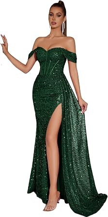 Sequin Formal Dresses for Women Sexy Off Shoulder Slit Bodycon Evening Wedding Guest Party Floor Length Prom Gowns