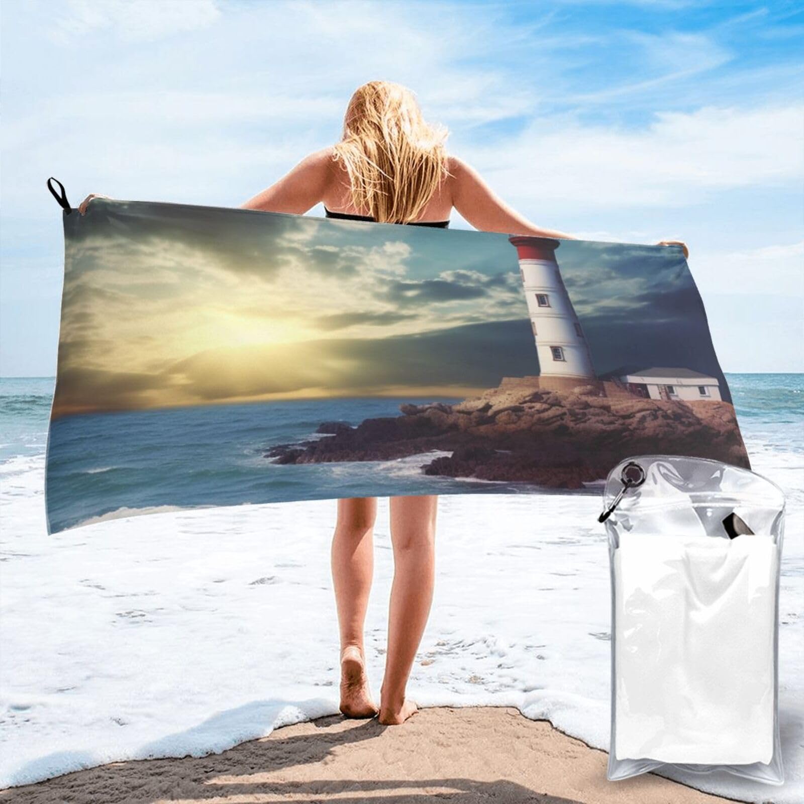 DWVTSLH Microfiber Sand Free Beach Towel 27.5"x55", Quick Dry Absorbent Travel Towel Large Camping Blanket, Lighthouse Seaside Bath Towels Lightweight Pool Swim Towels for Vacation Essentials