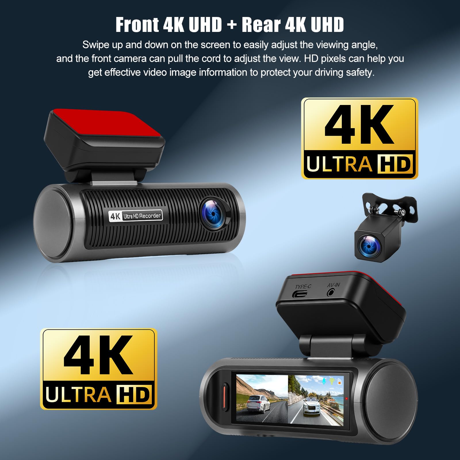 OiLiehu Cámara para Salpicadero 3,19 Pulgadas para Coches, Grabación Frontal e Trasero UHD 4K+4K, Lente Dual con G-Sensor/Control App/Grabación en Bucle/Visión Nocturna/Asistencia de Marcha Atrás