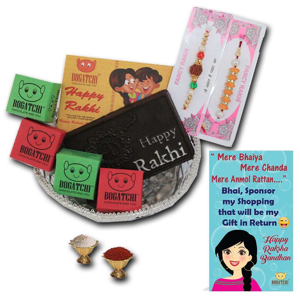 BOGATCHI Rakhi Gift Basket, 4pcs of Chocolate and Happy Rakhi Dark Chocolate Bar + Free Rakhi (2pcs) + Free Rakhi Greeting Card + Free Roli Chawal-image-49