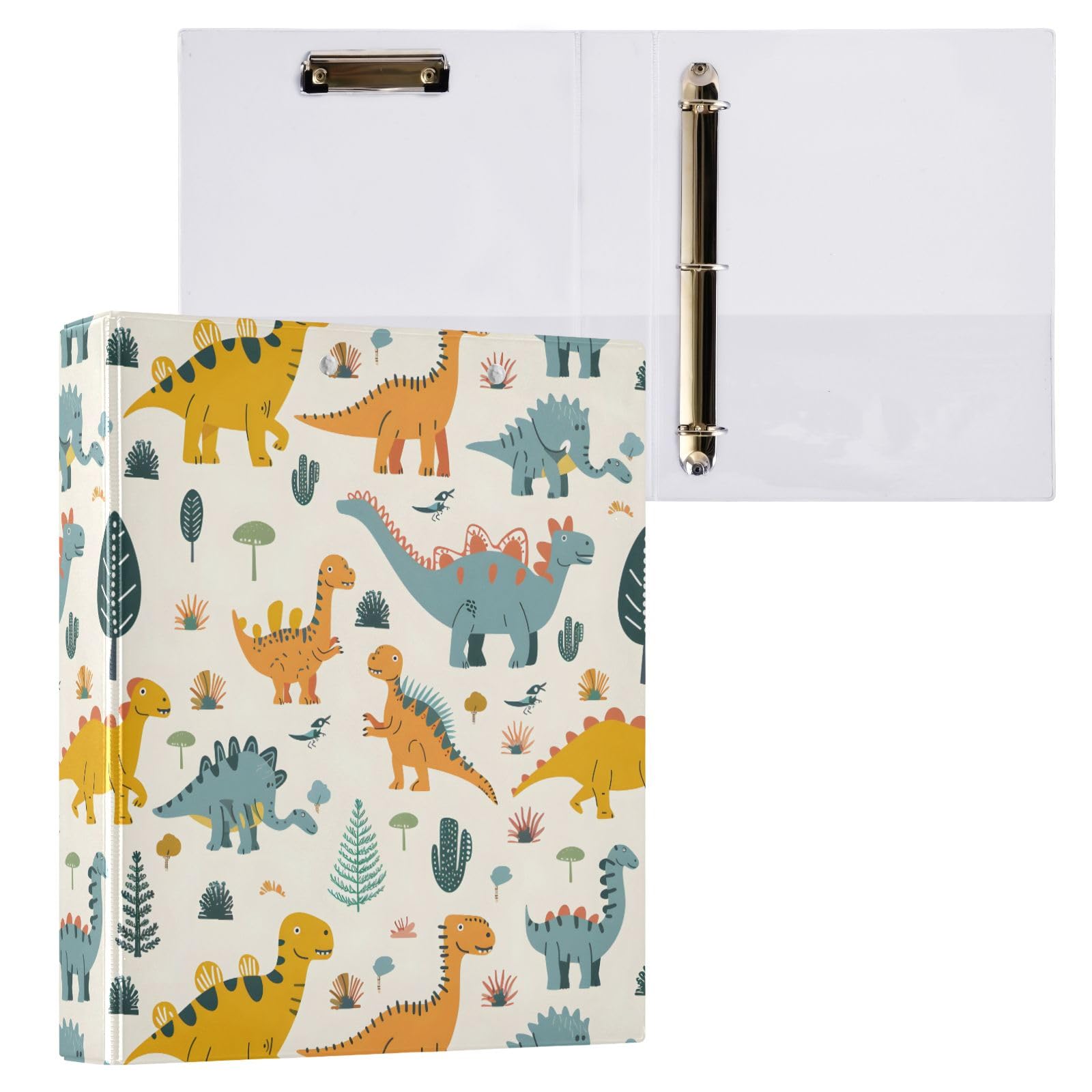 Raccoglitore a 3 anelli disegnato a mano, con dinosauri in stile cartone animato, 3,8 cm, contiene 200 fogli con 3 tasche interne trasparenti in PVC, per scuola e ufficio
