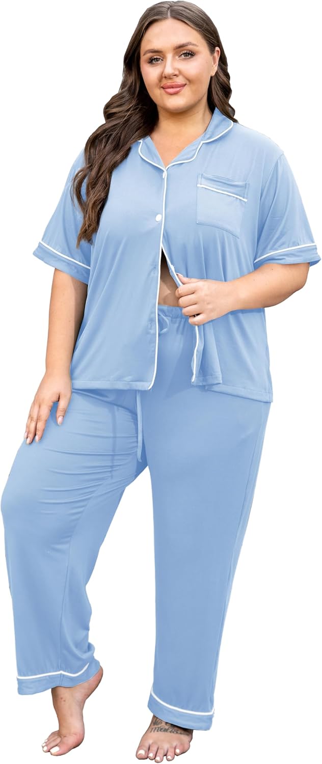 Vozanet Women's Plus Size Pajamas Button Down Shirt and Pants Soft Lounge Sets Bride Nighty Bottom with Pockets 1x to 5x
