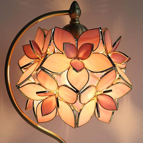 Miniatura 2 de Bieye L10833Lámpara de mesa de vitral de lirio rosa con base de latón vintage y acabado electroplatinado 8 pulgadas de ancho x 17 pulgadas de alto,
