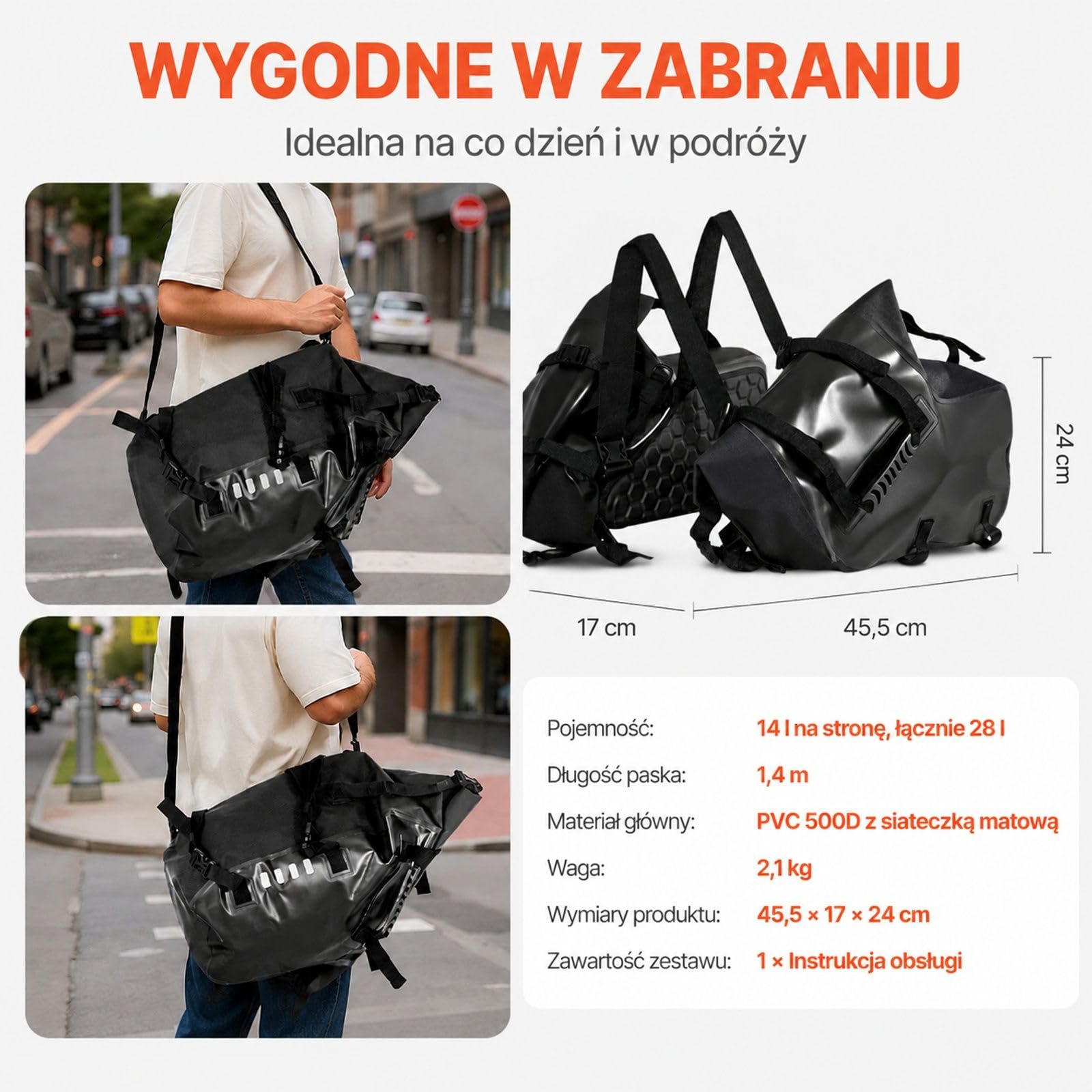 Zestaw 2 czarnych sakw motocyklowych po 14 l, 28 l łącznie, z PVC z matową siatką, dolnymi paskami montażowymi i miejscem na bagaż