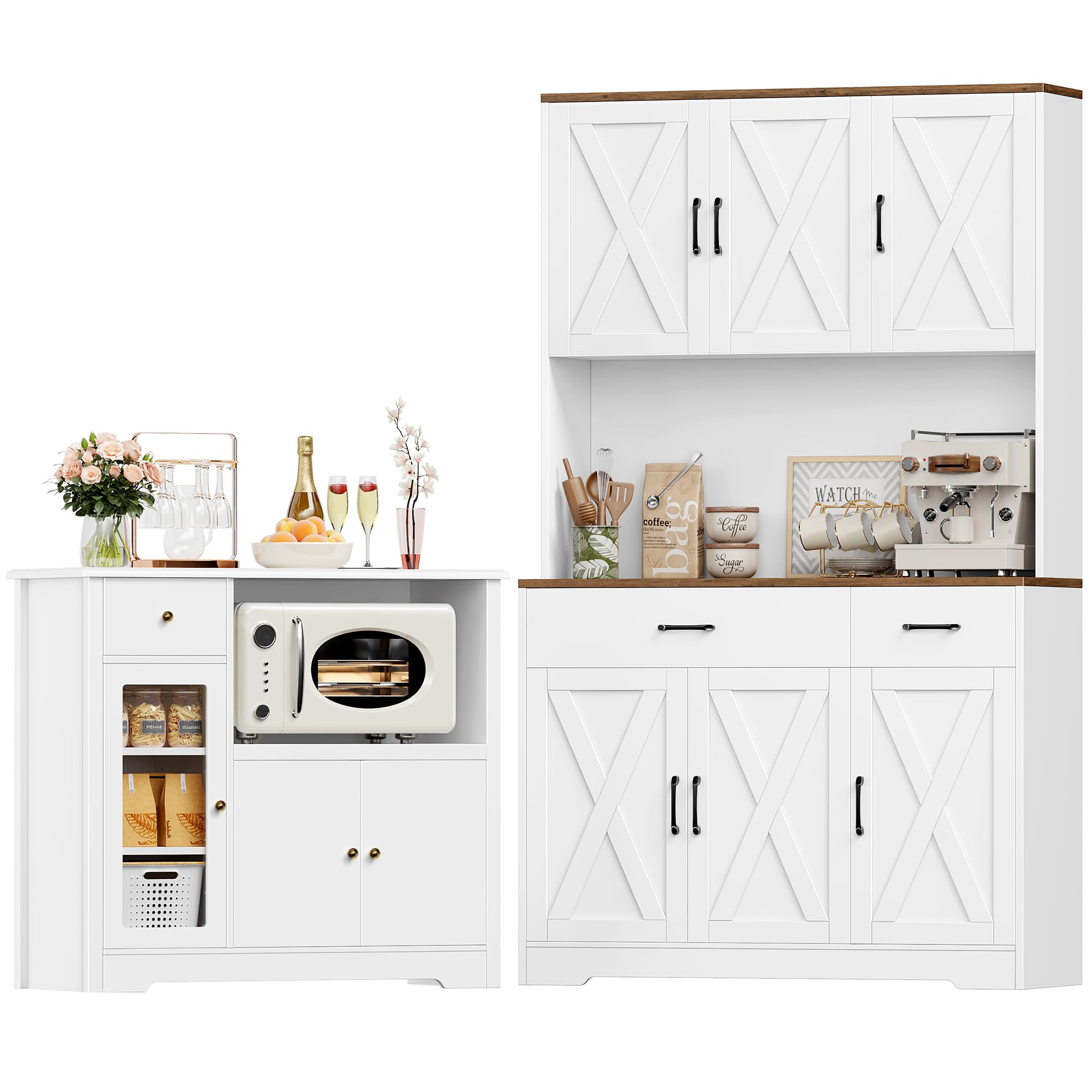 HOCSOK Küchenschrank Set, Buffetschrank mit Steckdosen & Mikrowellenregal, Sideboard Küche mit Acryltür, Hochschrank Vorratsschrank für Kaffeebar, Esszimmer, Wohnzimmer (Weiß)