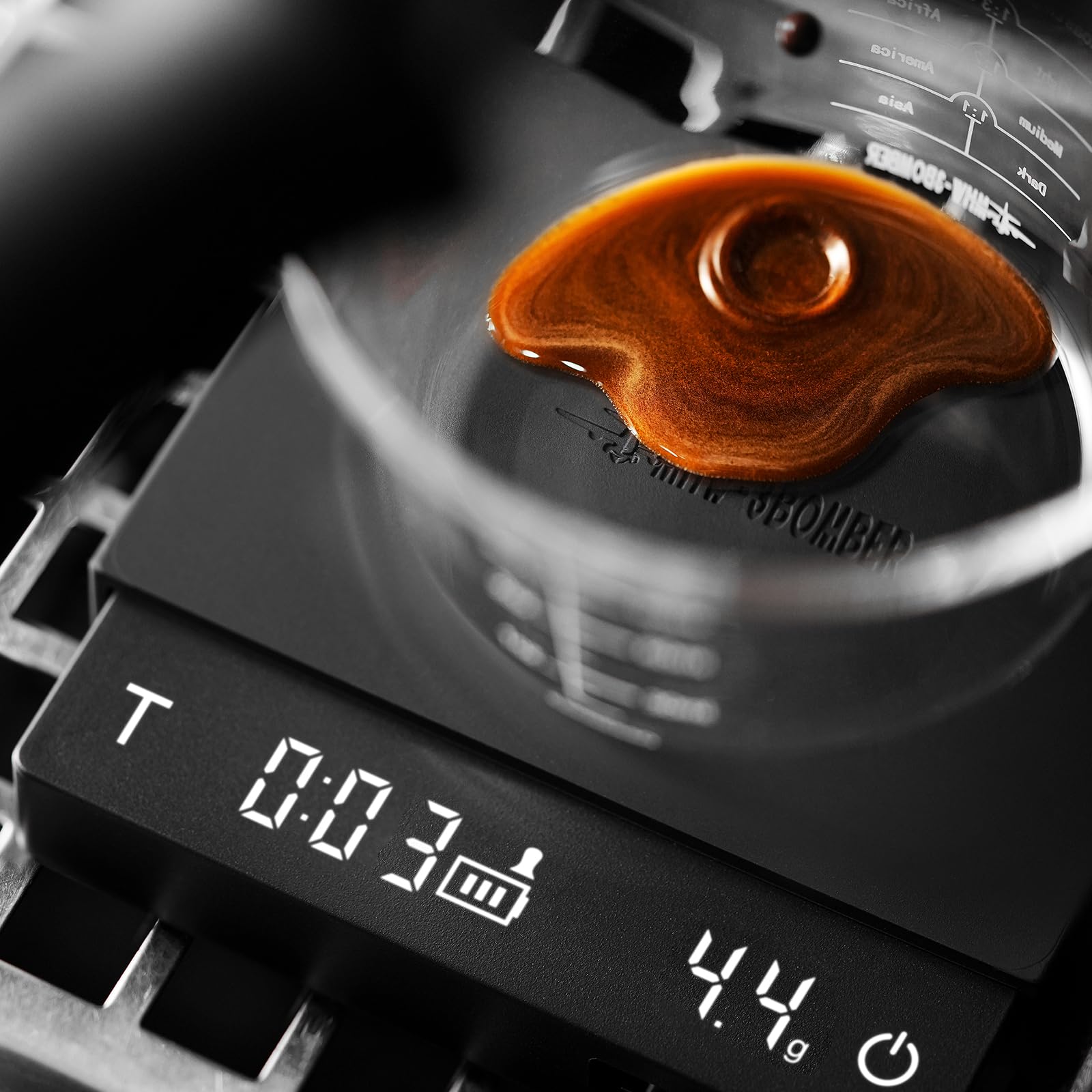 MHW-3BOMBER Báscula de café expreso súper mini con temporizador, báscula de café digital con modo espresso/vertido/manual, báscula recargable de granos de café, báscula portátil con una bolsa de