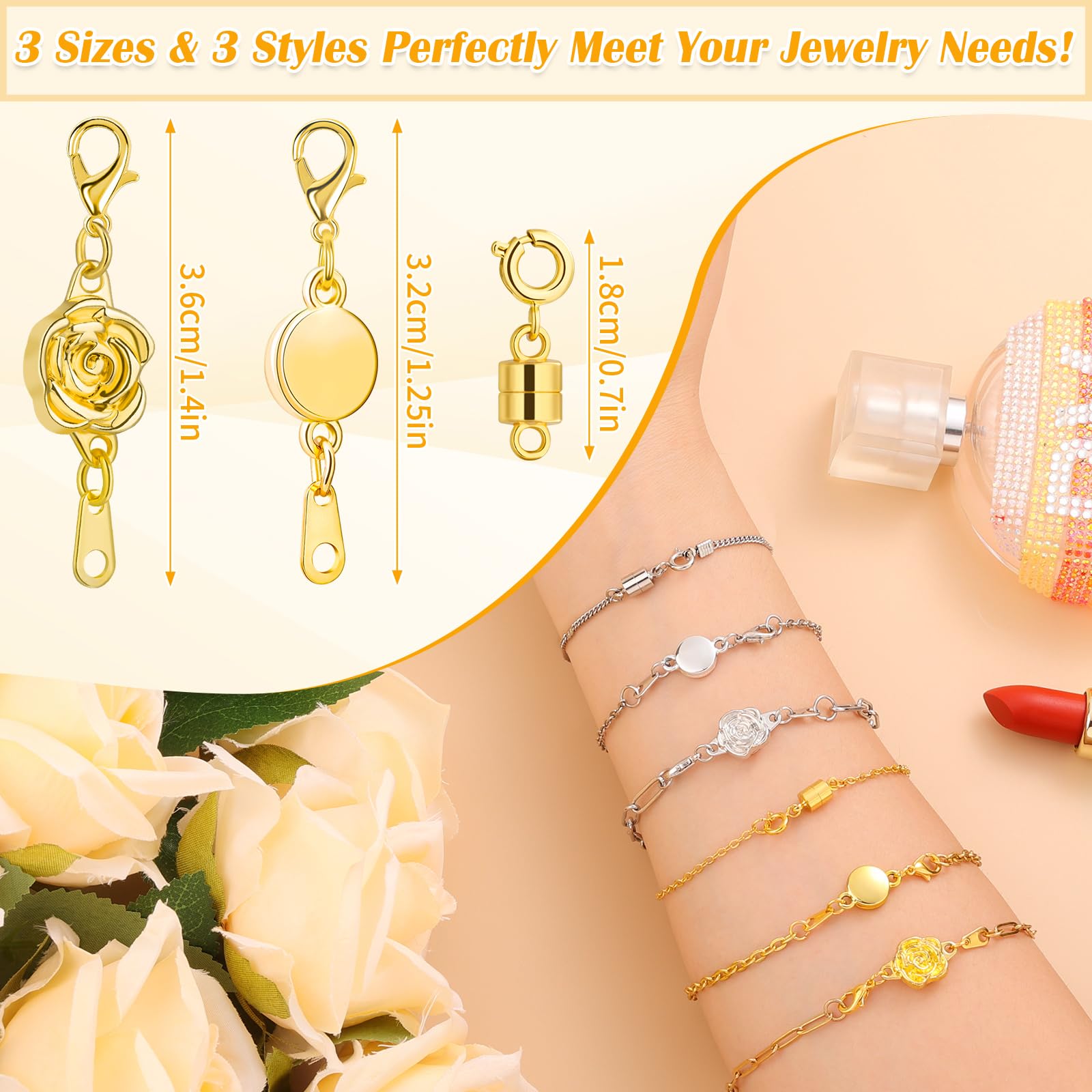 18 Pcs 3 Styles Magnetic Necklace Clasps and Closures, Rose Round