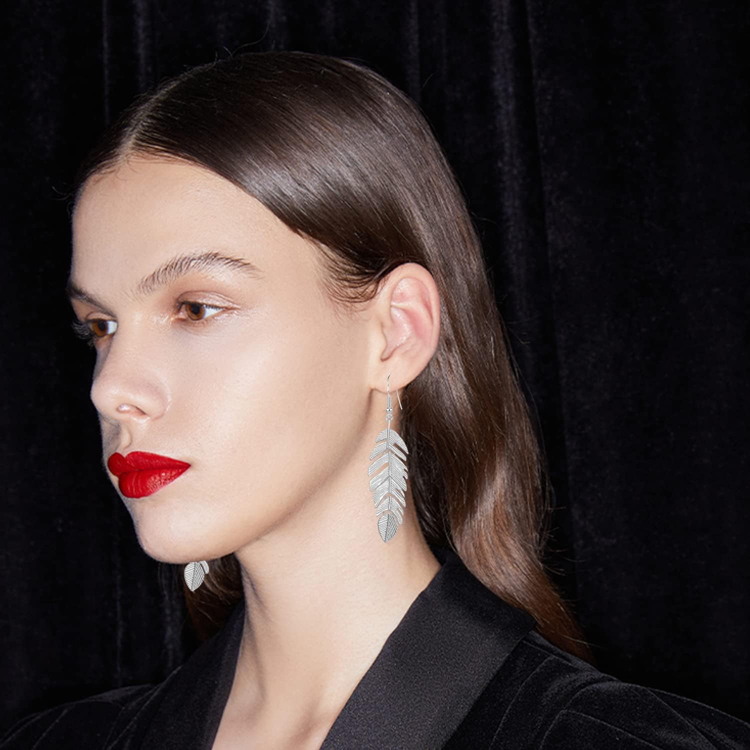 Bohemian Floating Feathers Dangle Earrings - Long Hanging Metal Link Leaf Drops for Women -Lightweight Layered Dangling Leaves Hook Earrings - Image 4