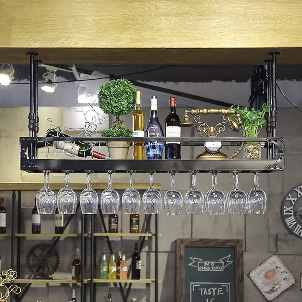 Ceiling Mounted Wine Rack with Adjustable Height & Spacing, Hanging Glass Holder for Bar & Kitchen