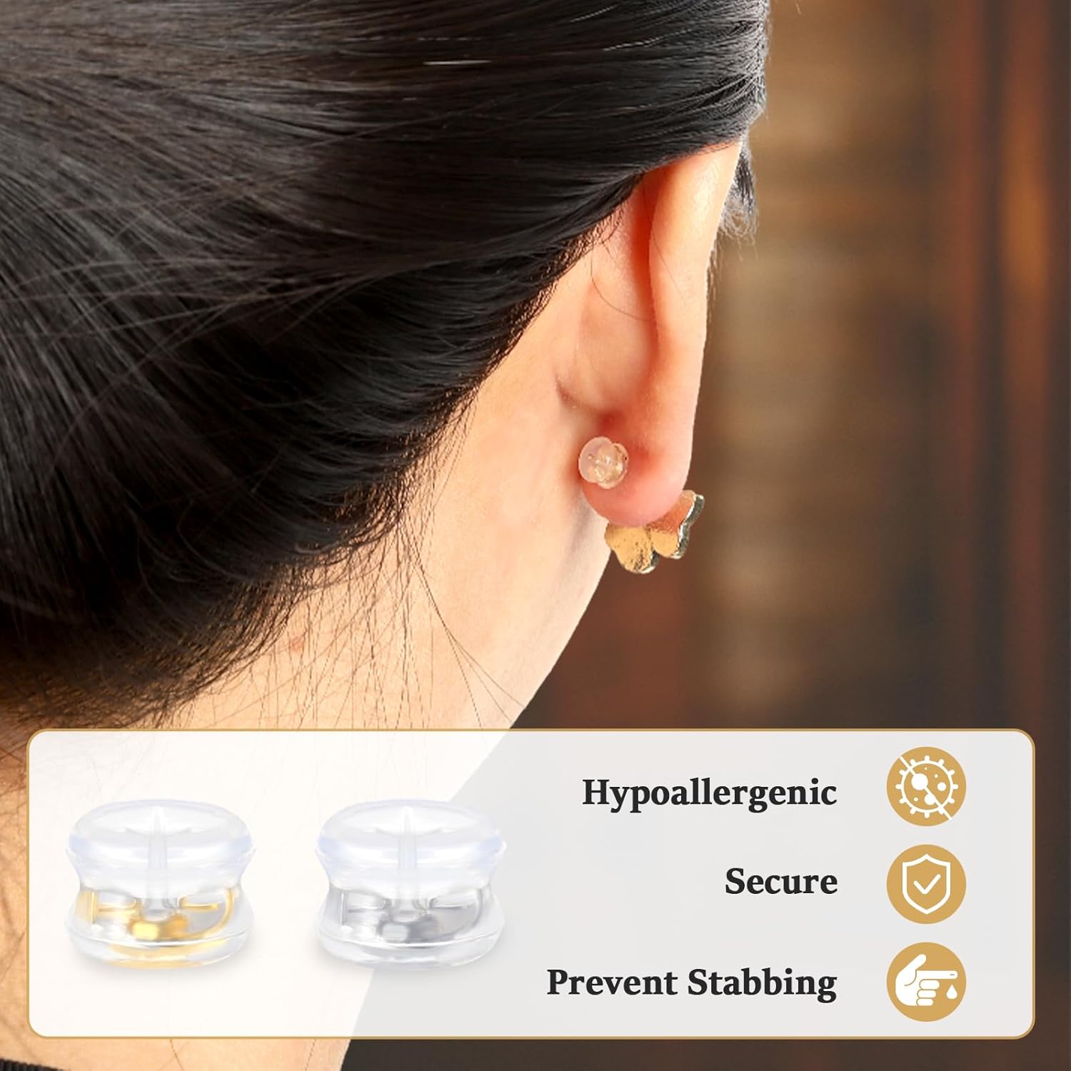 18K Gold Silicone Earring Backs for Studs/Droopy Ears, Locking Secure Rubber Earring Backs for Heavy Earring, No-Irritate Hypoallergenice Soft Clear Earring Replacements(10 Pairs) - Image 3