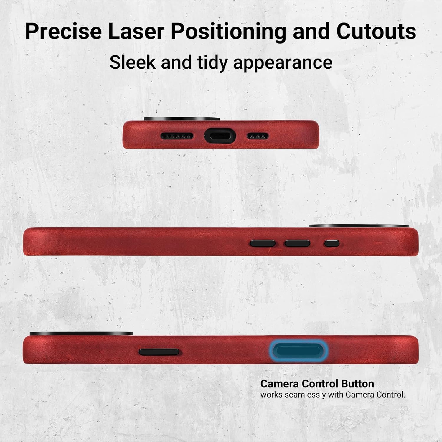 Belemay Leather Case for iPhone 16 Pro, Compatible with MagSafe [Camera Control Button] [Vintage Aesthetic] Premium Crazy Horse Leather, Unique Patina, Comfort Grip, Metal Buttons (6.3") Retro Red