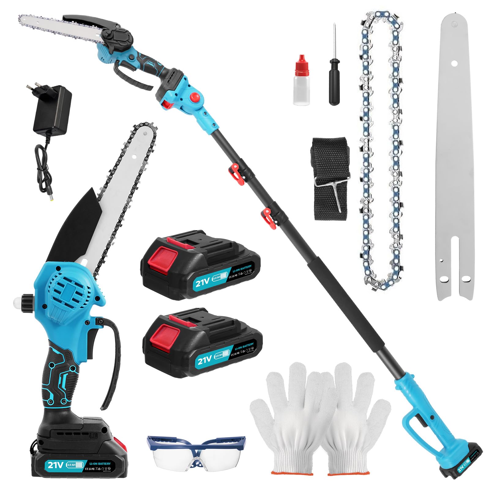 Mini motosierra 2 en 1 y sierra de podar telescópica, batería de 21 V, 2,1 m telescópica con sistema de lubricación, con 2 baterías, 2 cadenas, tecnología de motor sin escobillas, motosierra manual