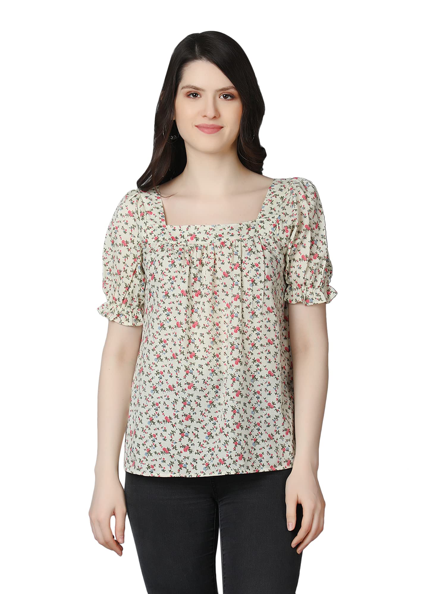 zuvino Summer Cotton Tops for Women || Long Top for Women || Stylish Floral Tops with Puffed Sleeves.-picture-46