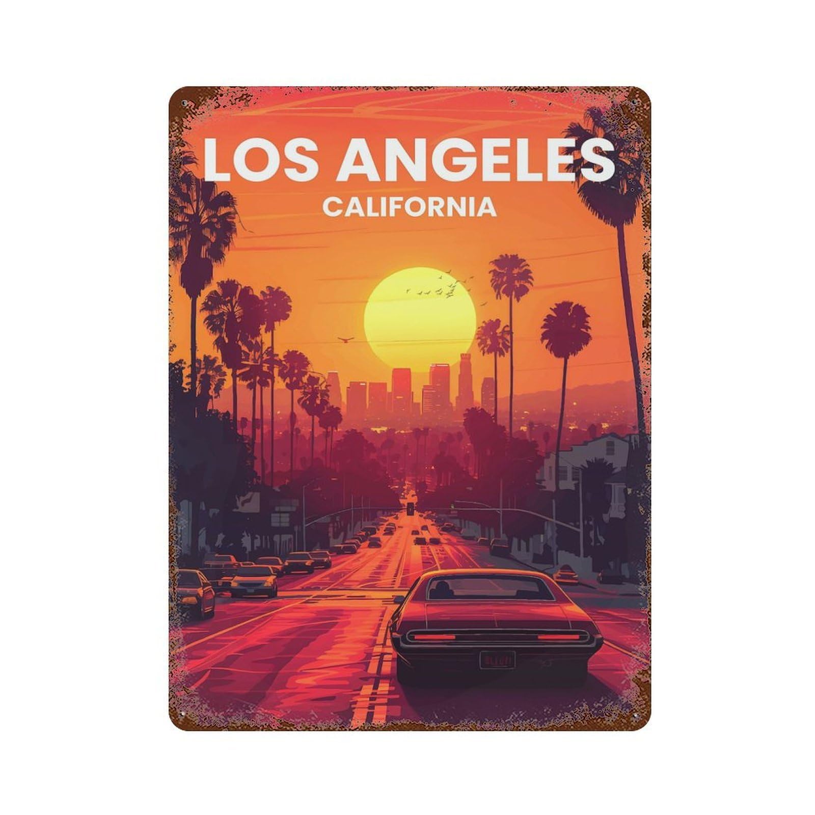 Los Angeles 15.7"x11.8" Rustic Tin Plaque, Retro Wall Decor for Garage, Bar And Workshop Decor