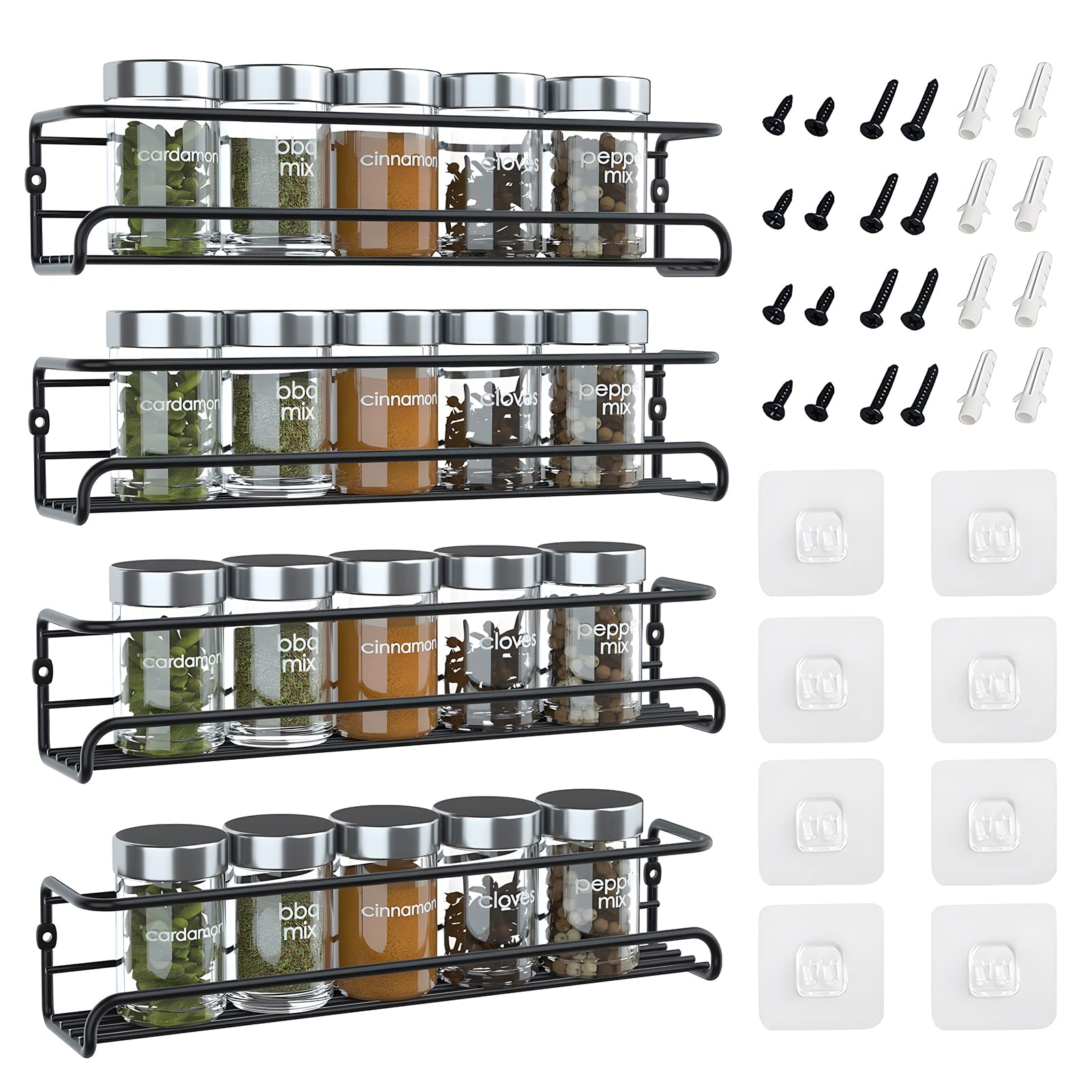 VAODOWall Mount Spice Rack 4-Tier, Space-Saving Wall Spice Rack Organizer, Spices Set Organizer, Easy to Install Set of 4 Hanging Racks for Kitchen Cabinet, Cupboard or Pantry Door
