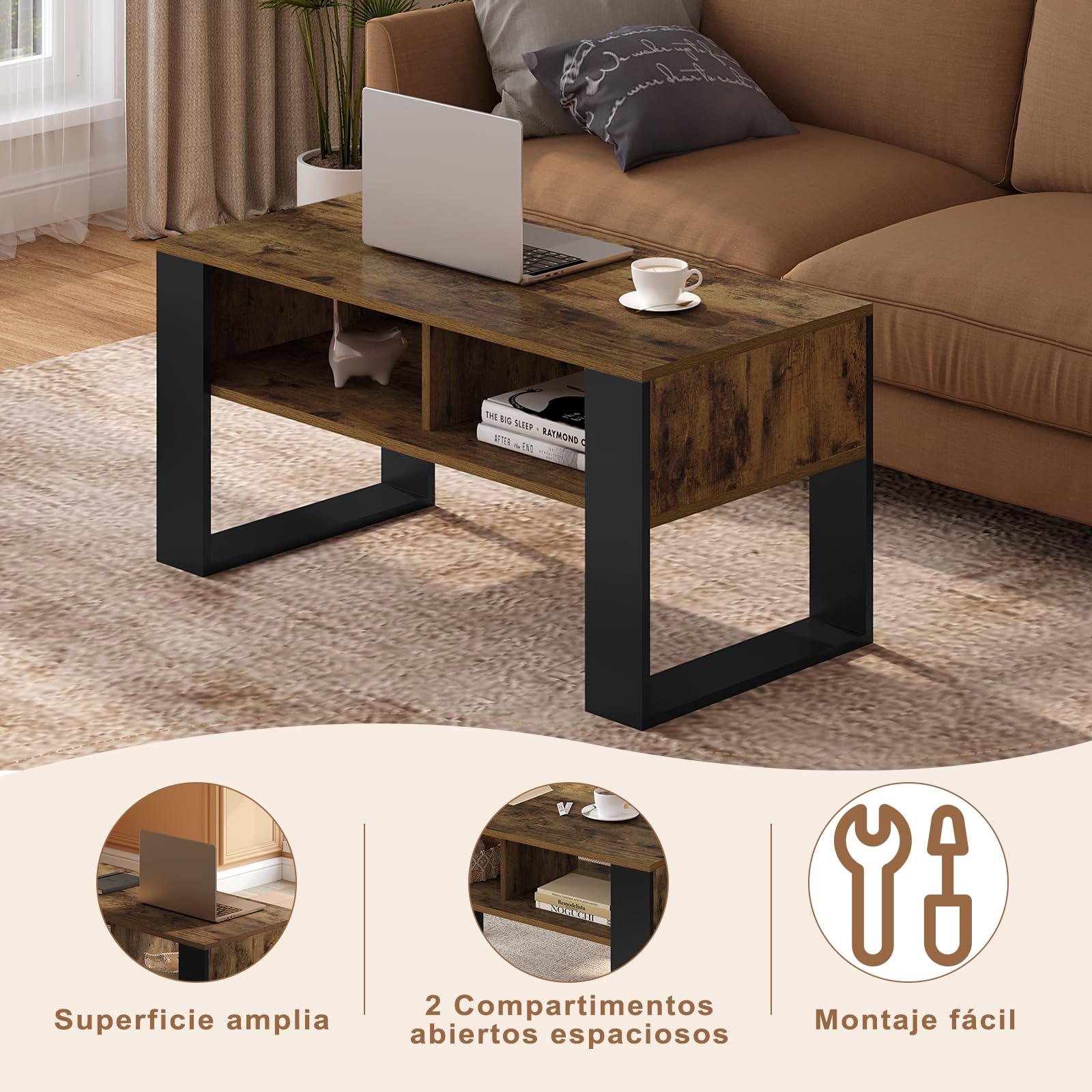 WOLTU Mesa de Centro, Mesita de Sofa con Comportamientos, Mesa Auxiliar con 2 Niveles, para Salon Balcon y Cafeteria, Marrón Rústico+Negro, 90x45x45cm, BTS16hov