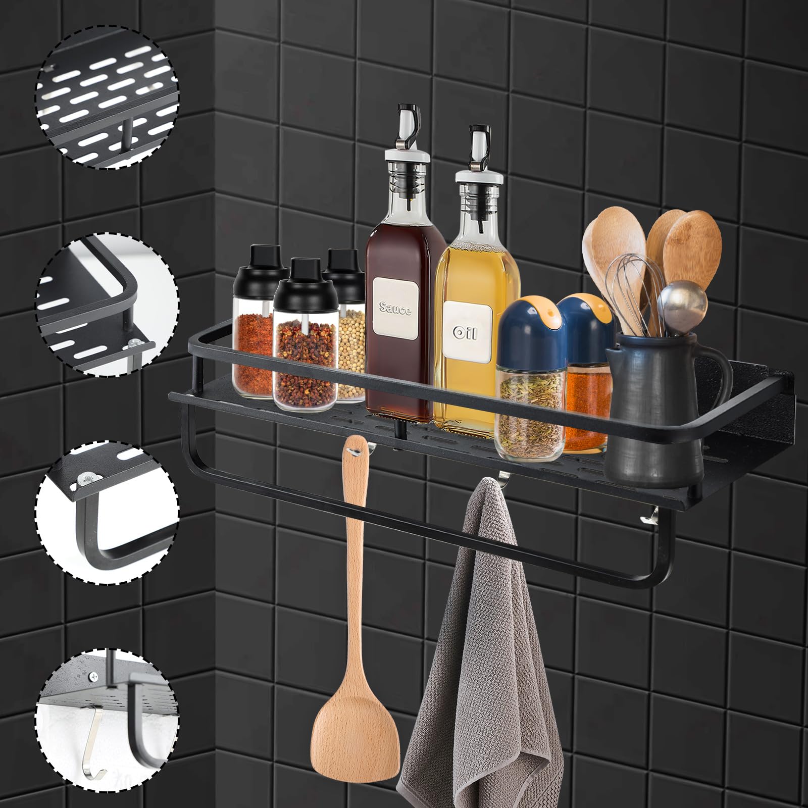 wenrescry Estantería de ducha sin taladrar, estantería de baño con estante, estantería de pared para baño, acero al carbono inoxidable, alta resistencia, con gancho extraíble, para cocina y balcón