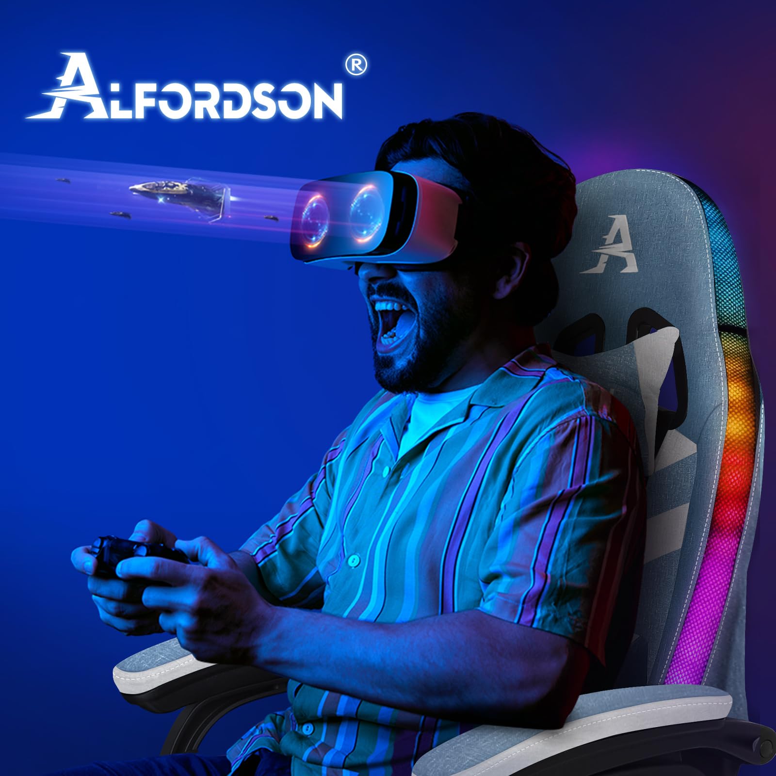 ALFORDSON Silla Gaming con Masaje y LED, Silla Gamer Ergonómica con Cojín Lumbar y Cervical, Reposapiés Telescópico, Iluminación para Ordenador, Videojuego, Juegos, Oficina, Lino(Azul y Blanca)