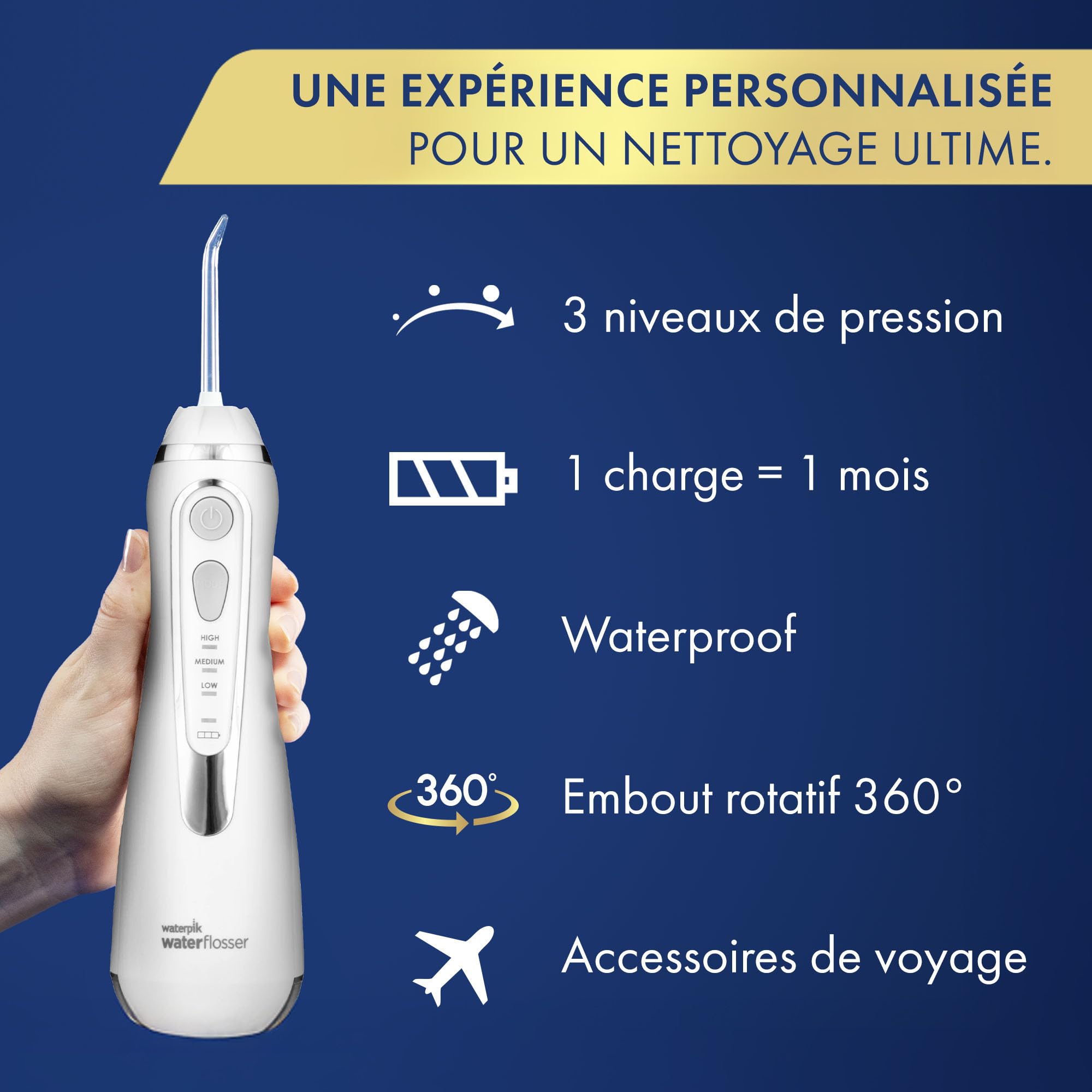 Waterpik Advanced - Hydropulseur Dentaire Sans Fil, Jet Dentaire Portable Rechargeable avec Câble USB, Élimine la Plaque, 3 Niveaux de Pression, Blanc (WP-580EU)