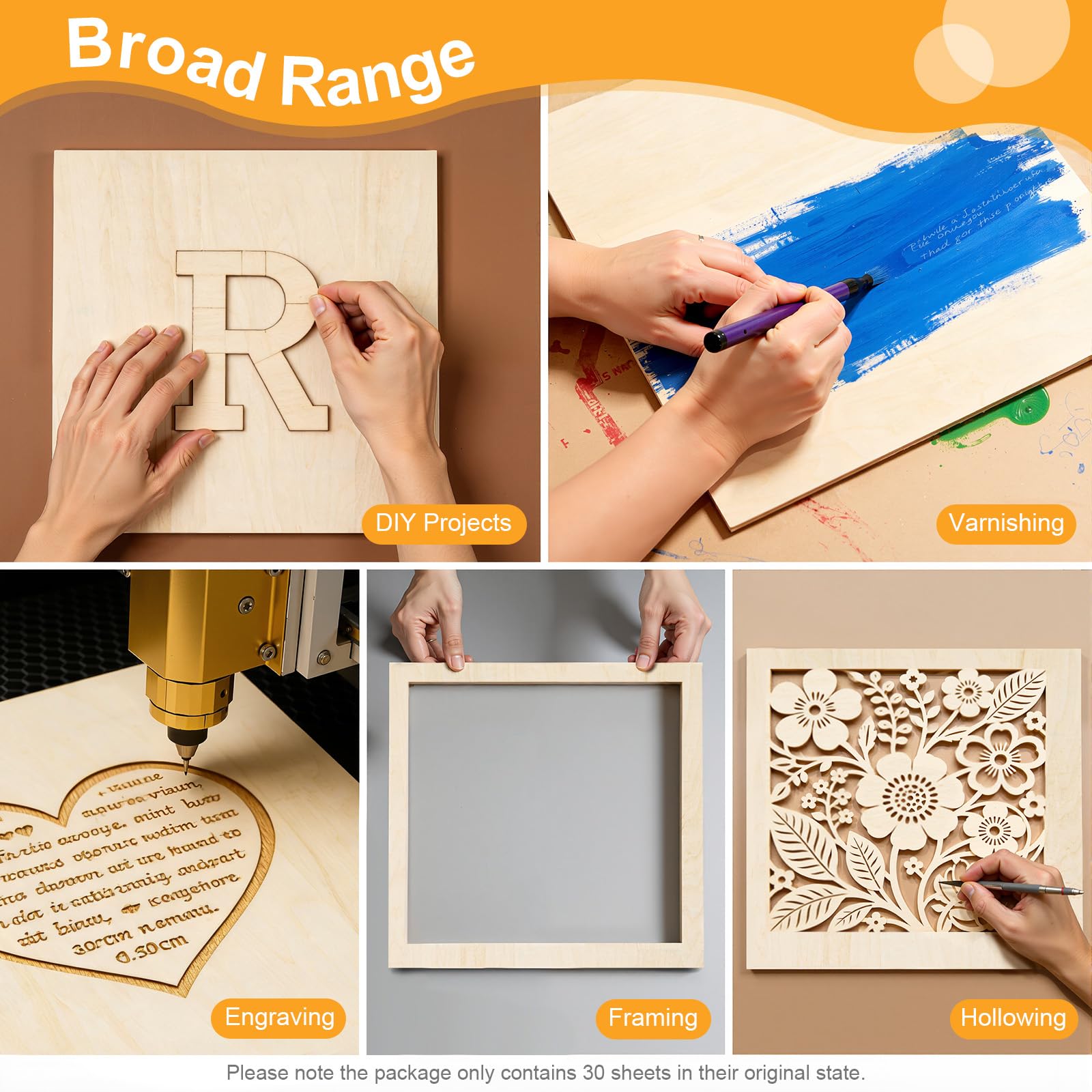 30 placas, madera contrachapada, 30 x 30 x 0,3 cm, corte láser de pirograbado DIY | Lote de 30 placas de tilo 30 x 30 cm, 3 mm. Bordes lisos. Multicapa estable. Láser CNC pirograbado pintura y modelismo.