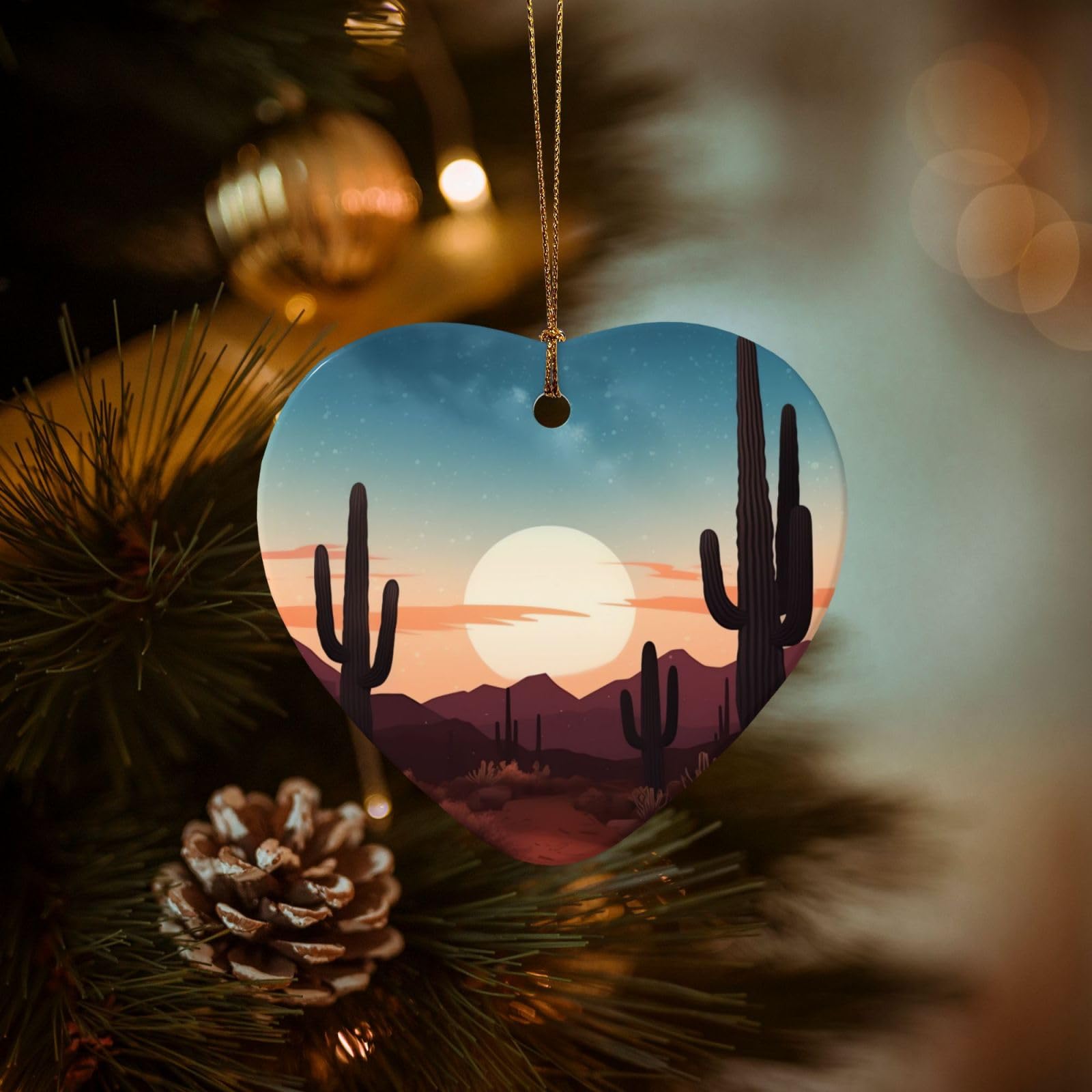Christmas Ornaments for Christmas Tree Decoration Hanging Desert with Cactus Ornament with Gold Ribbon Crafts Heart Shape Ceramic Pendant for Keepsake Gifts Xmas Decor Party Supplies