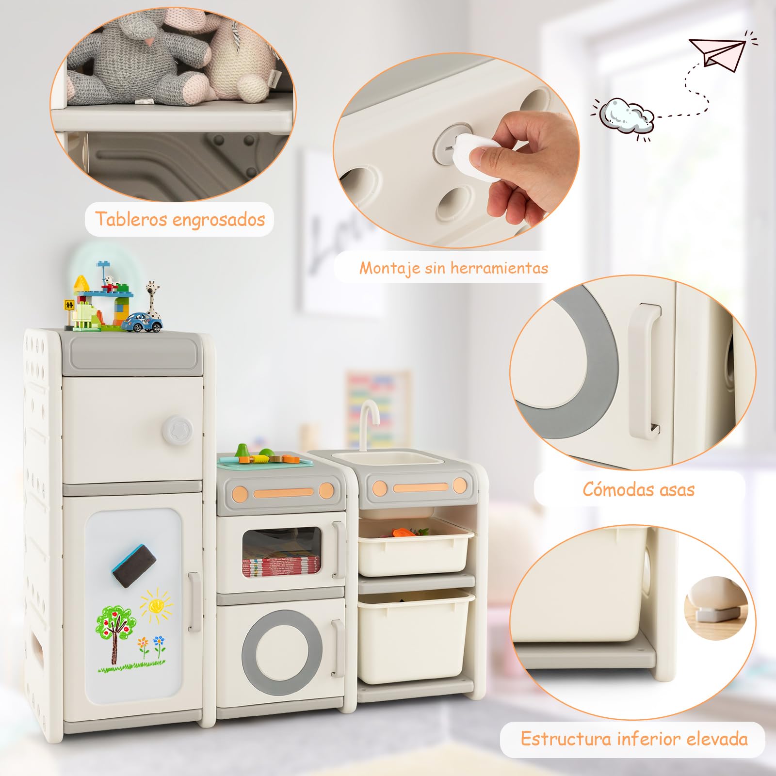 COSTWAY Organizador de Juguetes para Niños, Estantería Infantil para Juguetes con Pizarra Magnética, Fregadero, Grifo Desmontables, Baúl de Juguetes con Armarios Cerrados/Contenedores/Marcadores