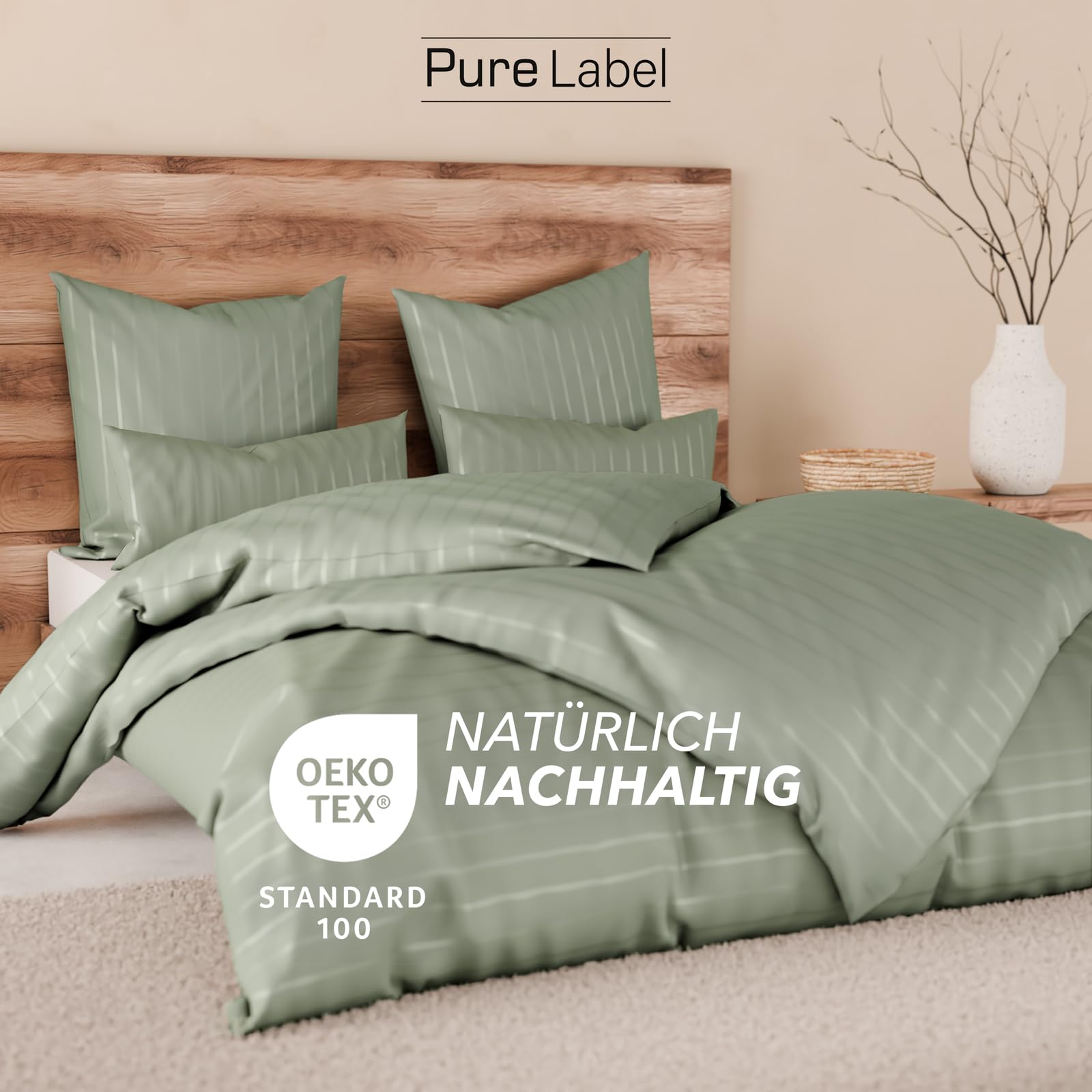 Pure Label Satin Bettwäsche 155x220 40x80 gestreift grün | 100% Baumwolle & Oeko-TEX Zertifiziert - Elegante und angenehm