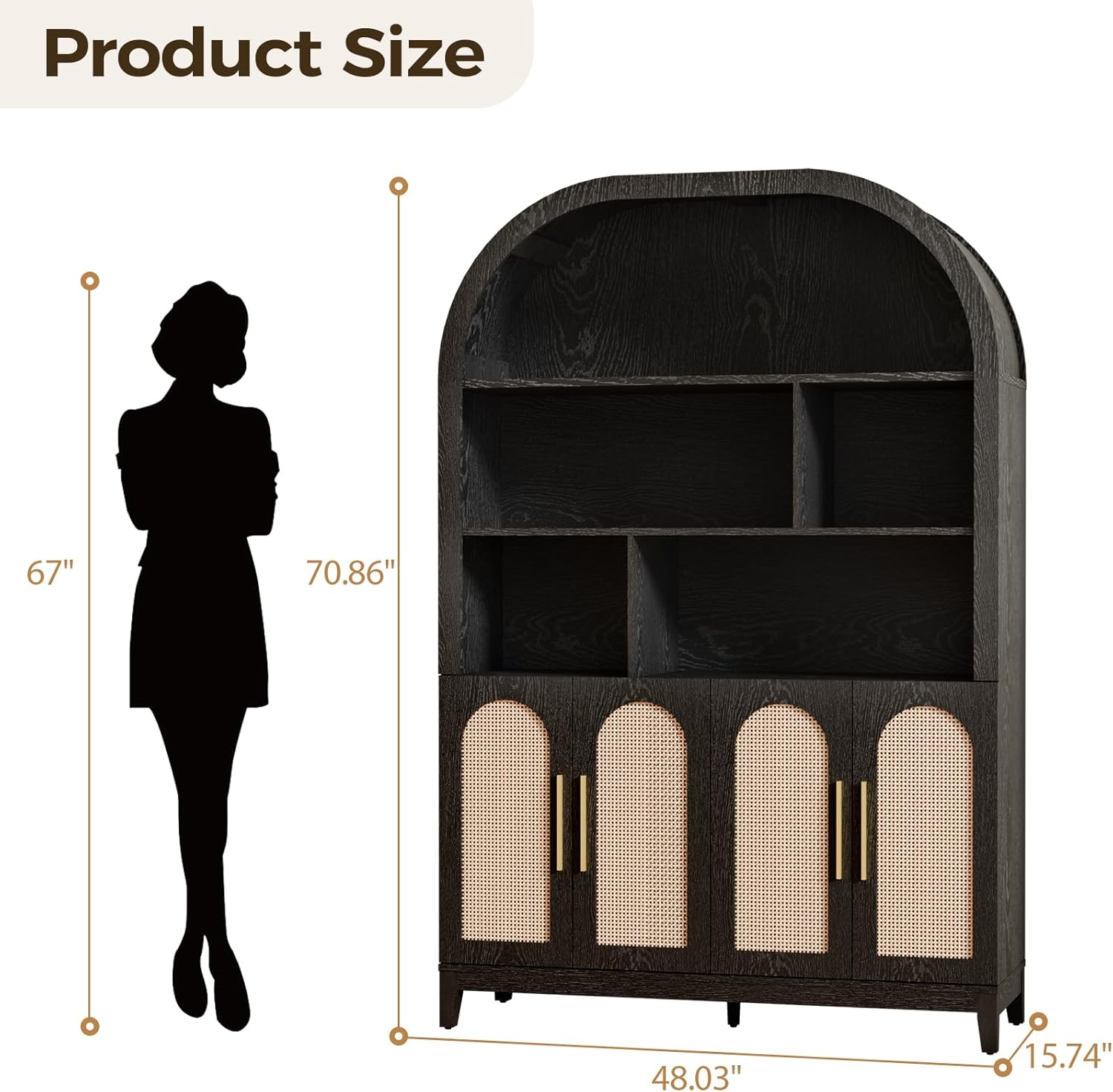 71" Arched Tall Wood Storage Cabinet - 5-Tier Rattan Door Pantry Organizer with Divider Shelf & Gold Handles, Versatile Bookcase for Living Room & Kitchen, Jet Black