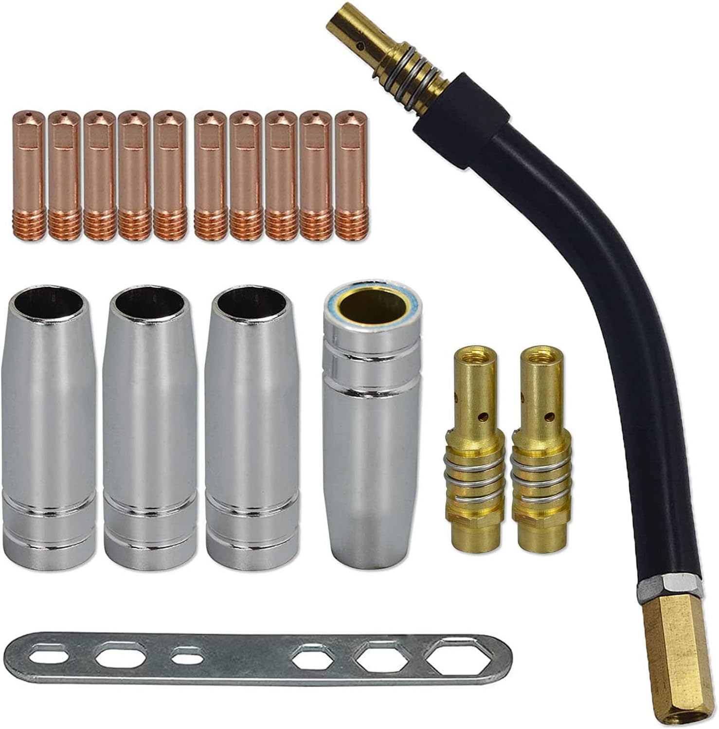 RIVERWELD MIG MAG Contact Tips .035" 0.9mm M6 140.0177 Tips Holder Difuser 002.0078 Shroud Conical Gas Nozzle 145.0075 Torch Neck 002.0009 kit for MB15 15AK Welding Torch 18pcs