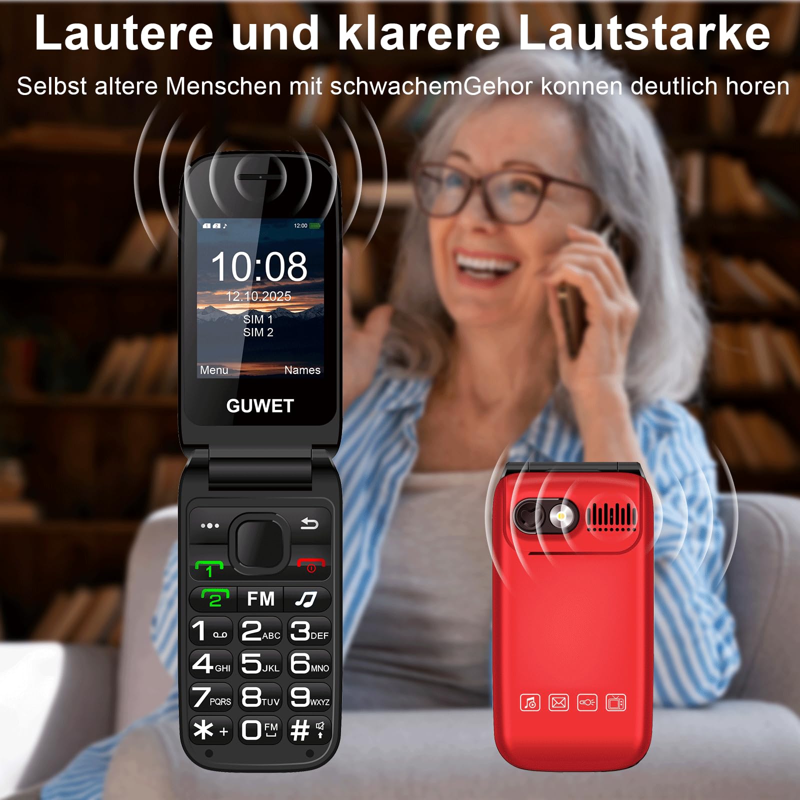 Seniorenhandy Klapphandy ohne Vertrag,Dual SIM 2G GSM mit SOS-Notruftaste,Rentner Handy Großen Tasten mit 1600mAh Akku,USB-C,2.4"+1.77" Dual Display,Rot