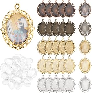 PH PandaHall 60pcs Oval Pendant Tray Kit: 30 5-Color Bezels + 30 Glass Cabochons 25x18mm for Wedding Bouquet & Graduation Photo Charms