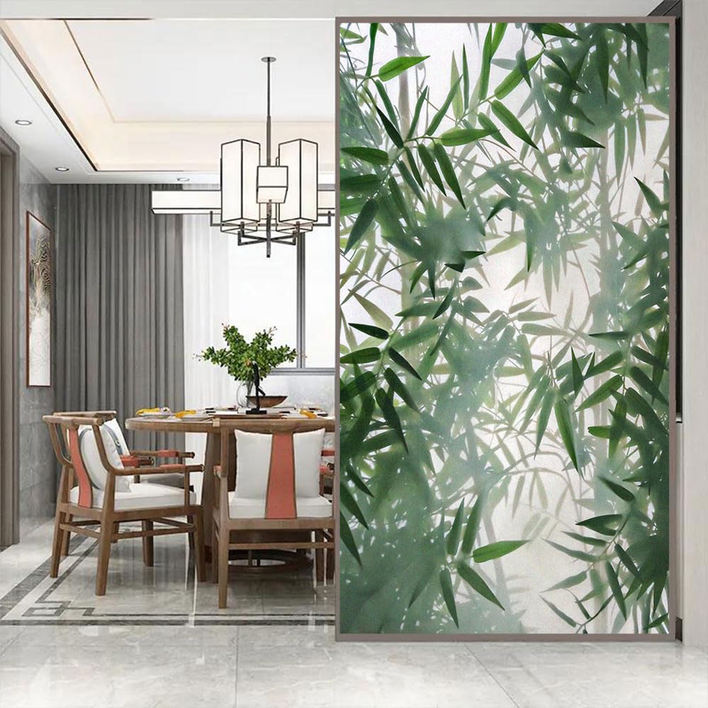 Static Cling Window Film Privacy Heat Control Anti UV Blocking Window Stickers Foggy Green Bamboo Leaves Decorative Frosted Window Film W16.5 x H39.4(42x100cm)