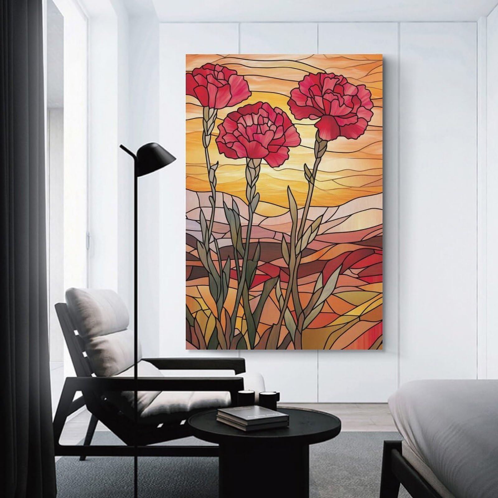 Junmoney Stained Glass Carnations Wall Art Print 16x24inch(40x60cm), for Hallway, Entryway Or Landing, Wall Decor to Refresh Empty Corners, for Cosy Room Updates
