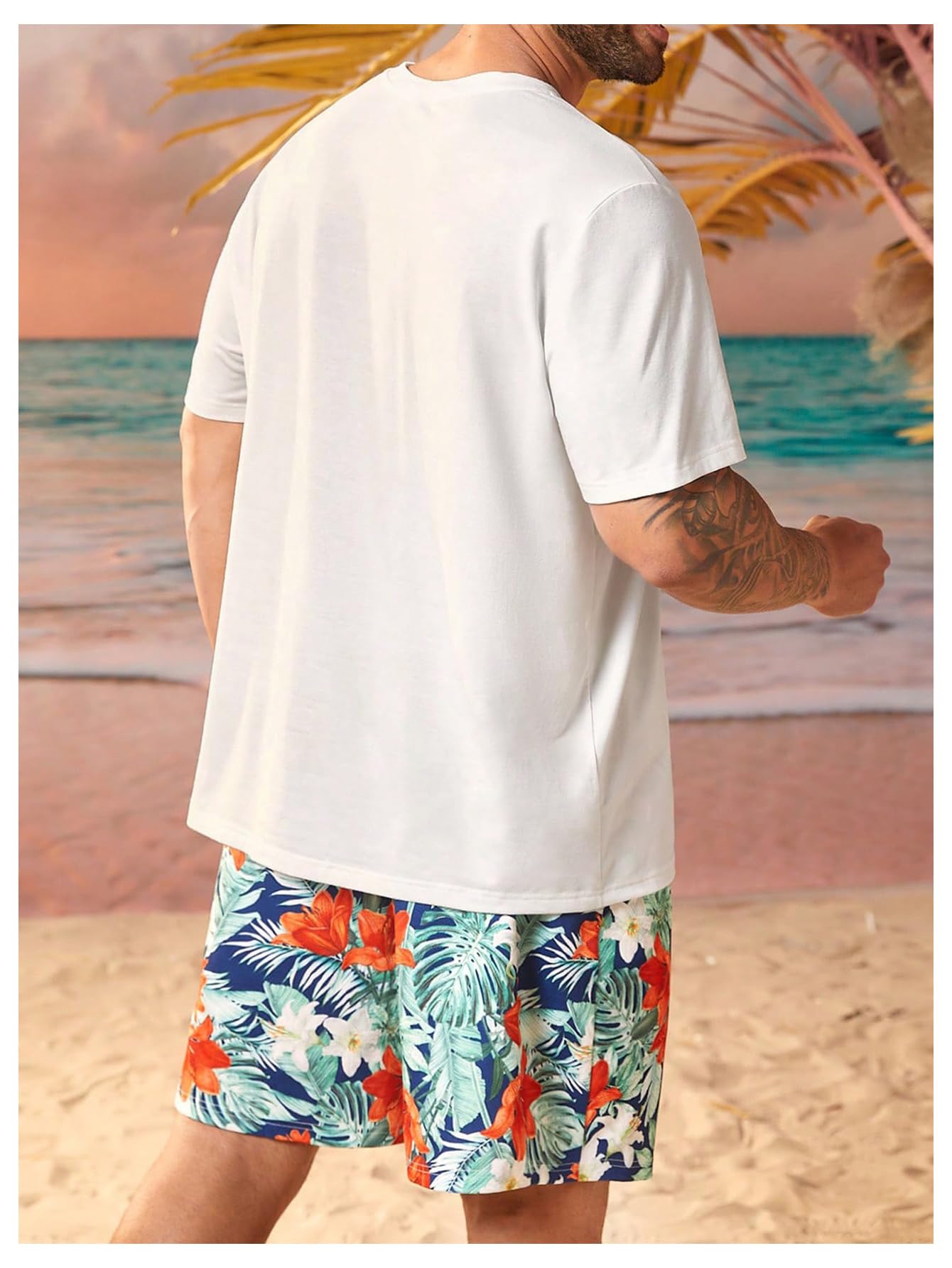 Floerns Conjunto de 2 piezas para hombre, camiseta con estampado de árbol y pantalones cortos de playa