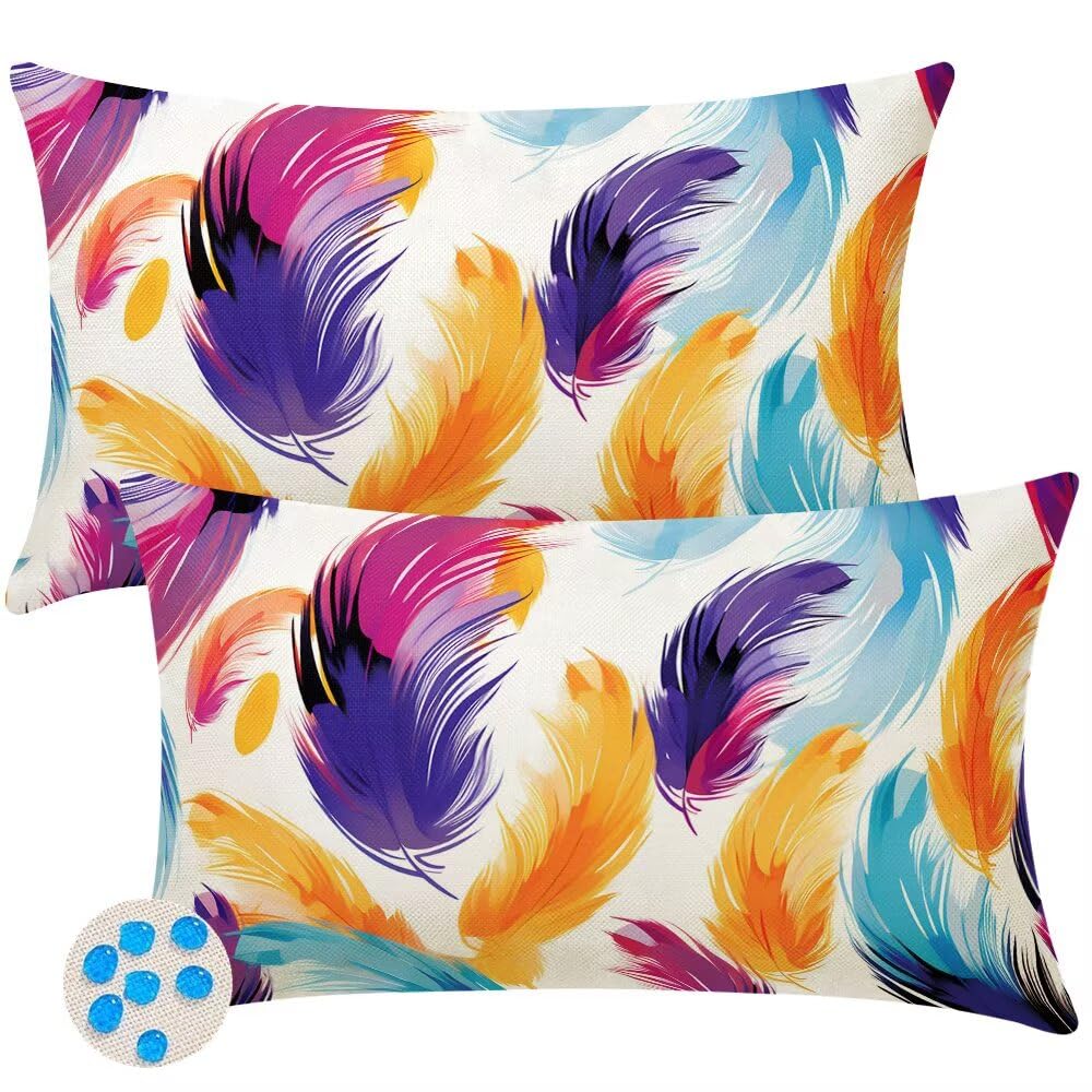 Outdoor Cushions Waterproof Cushion Covers 35cm x 55cm Pack of 2 Colorful Garden Cushion Cover Feathers Throw Pillow Covers 14 x 22 Inch Outdoor Pillowcase for Garden Furniture Living Room -SC510
