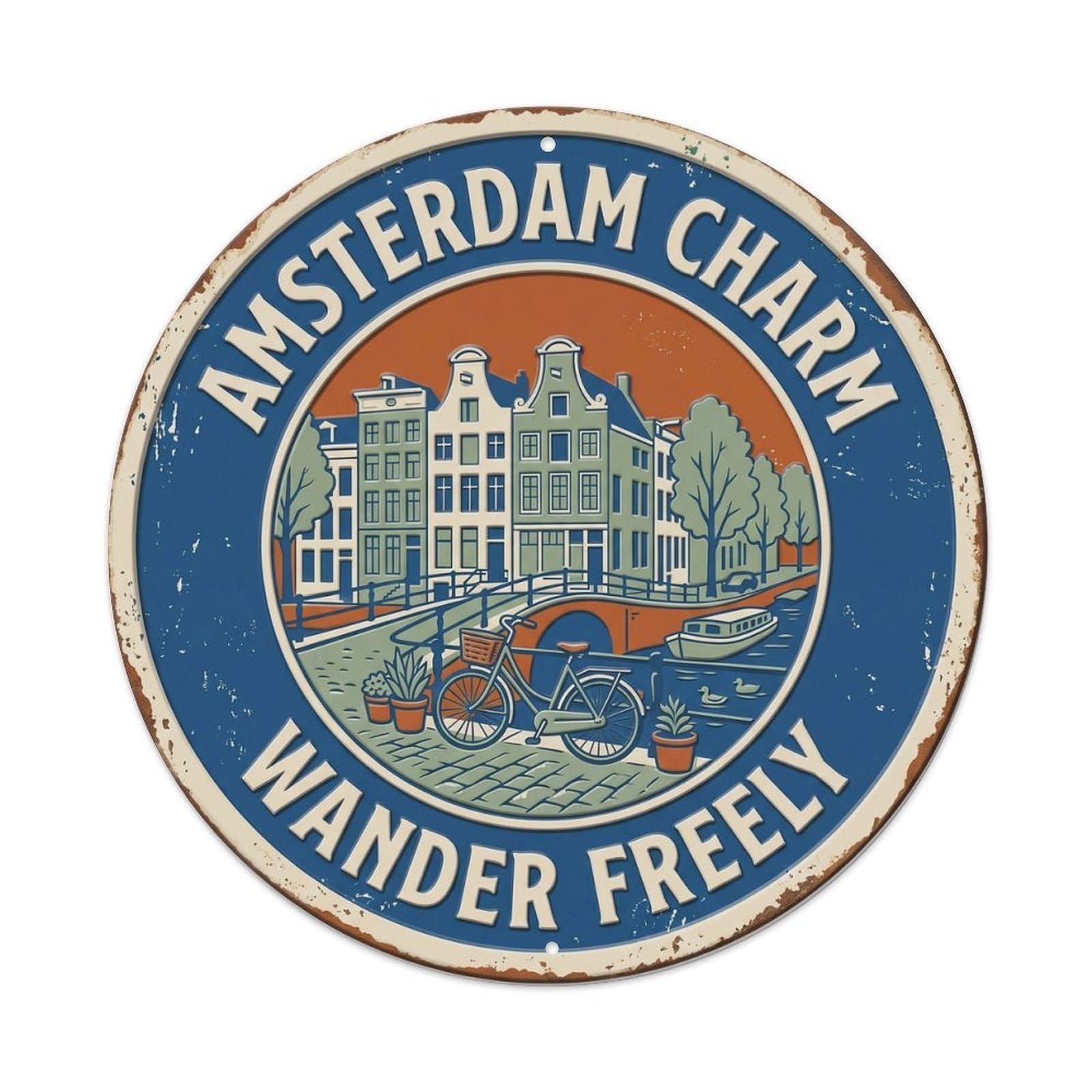 Canal Charm Wander Amsterdam Waterway Metal Tin Sign Plaque Wall Decor for Cafe, Club, Garden Round Metal Poster 8x8Inch