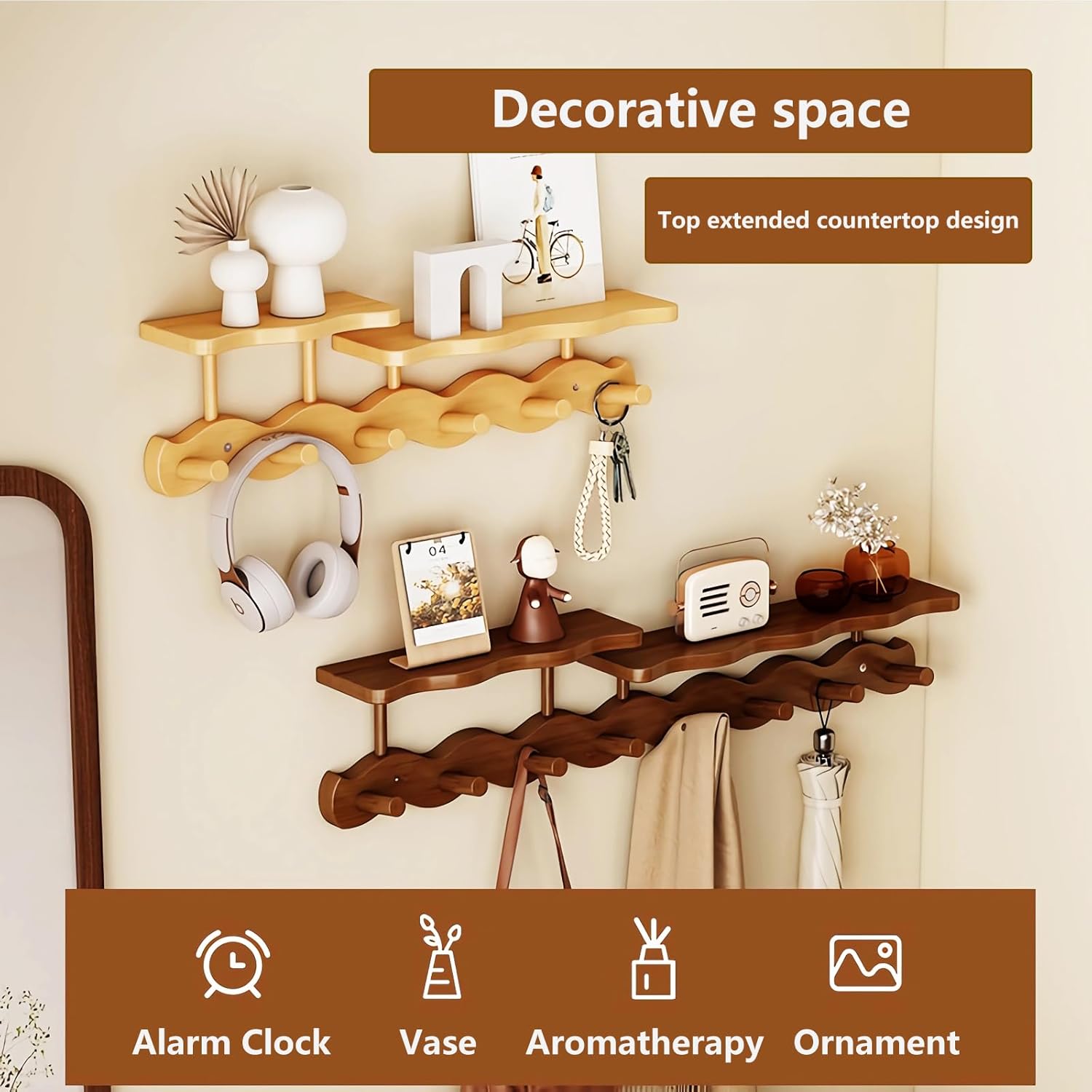 Walnut-6 Hooks Piano Key Clothes Hanger, Sea Wave Crescent Design Wall Mounted Entrance Hanging Clothes Hook for Entering The Door