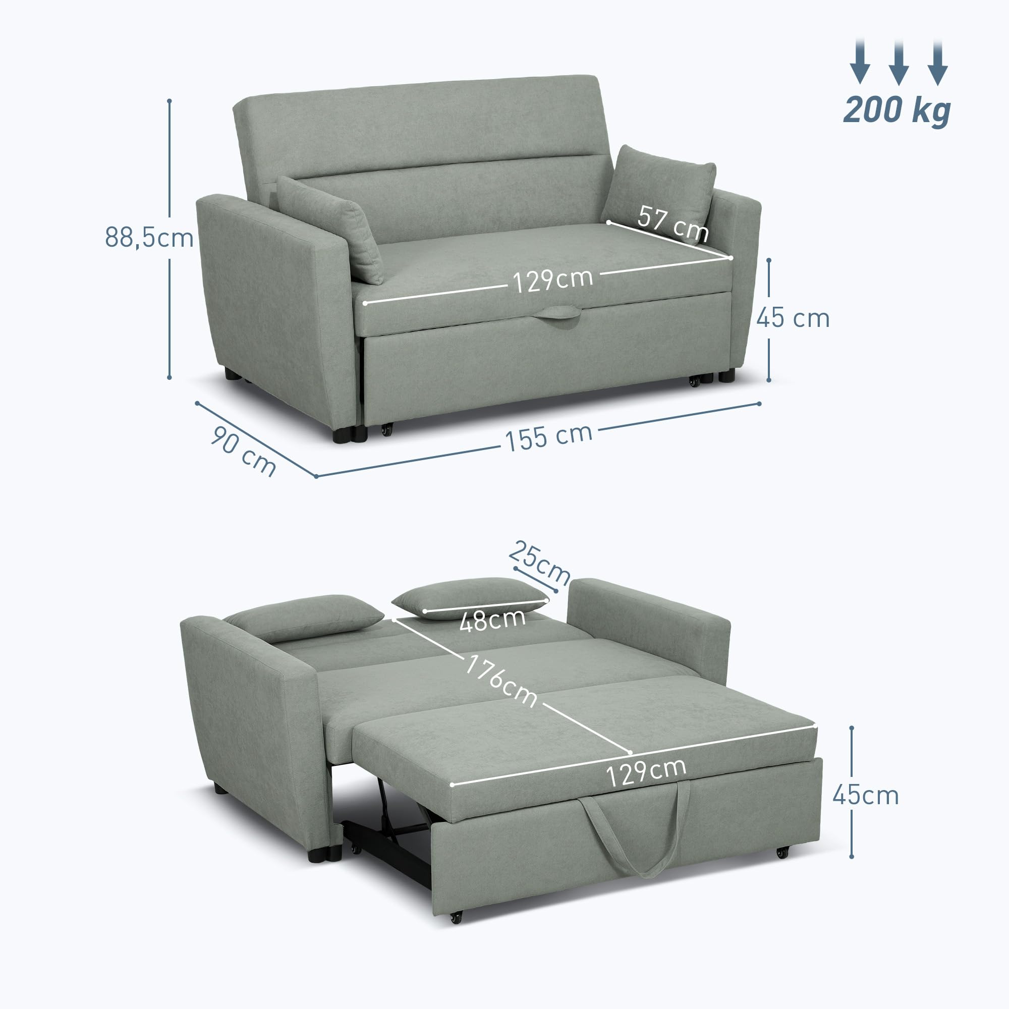 HOMCOM Schlafsofa mit Schlaffunktion, Verstellbare Rückenlehne, Hellgrau