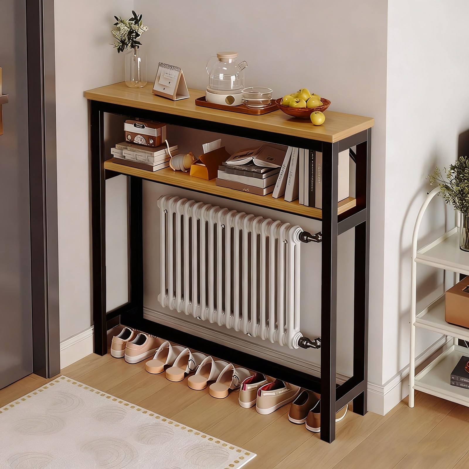 Mesa consola delgada de 47x12 pulgadas con estante de 2 niveles y estructura de metal negra