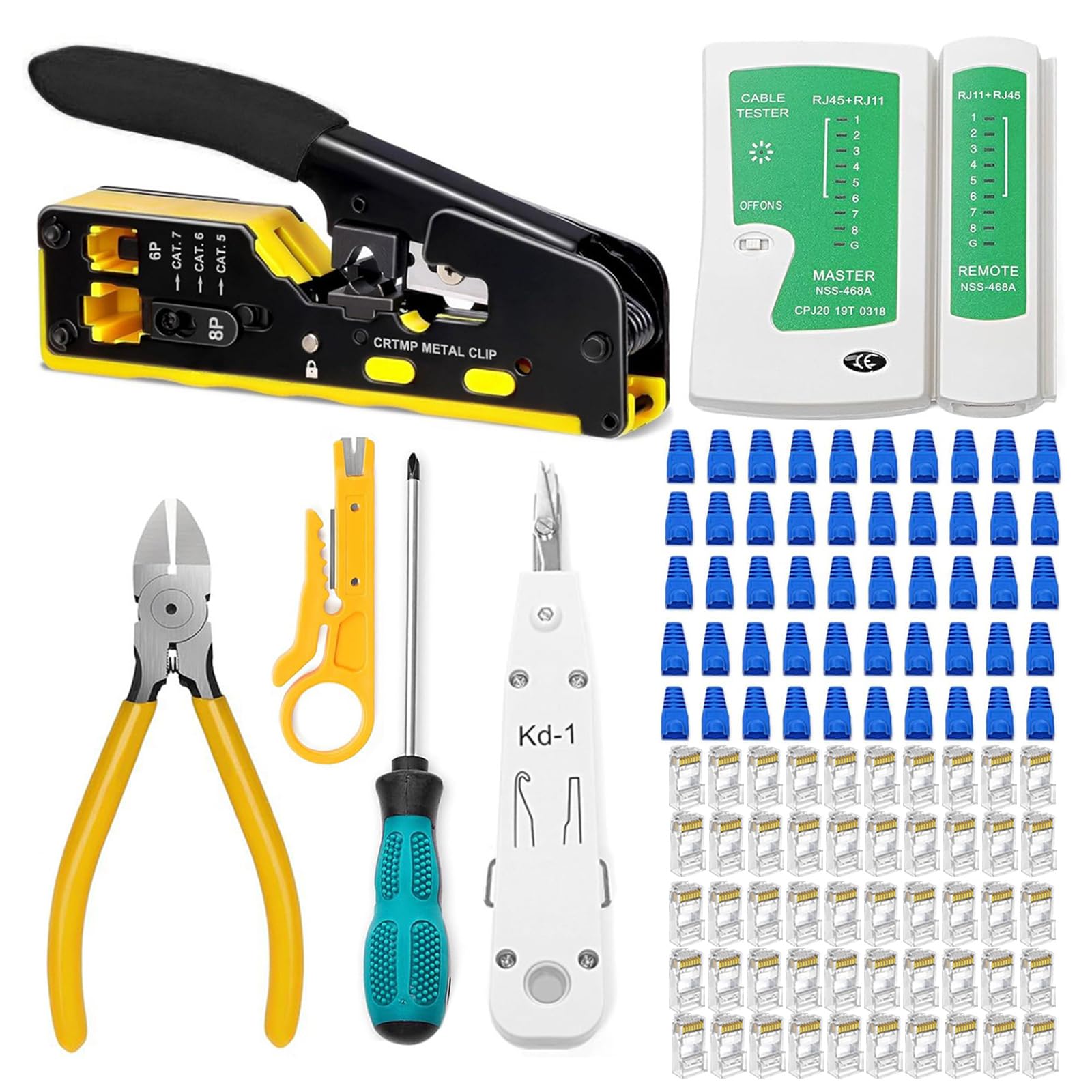 Kit d'outils réseau, pince à sertir RJ45 avec 50 fiches RJ45, testeur réseau, outil de pose LSA, pince à dénuder et kit de réparation pour câbles RJ45/RJ11/RJ12