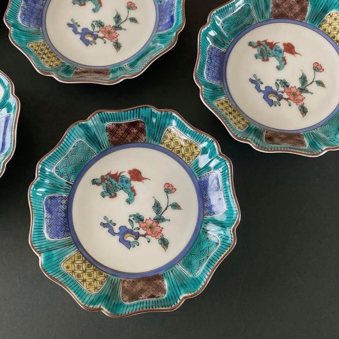 Kutani焼き 玉峰 獅子 牡丹 八角皿 5枚 九谷焼 秀峰窯 青手 獅子