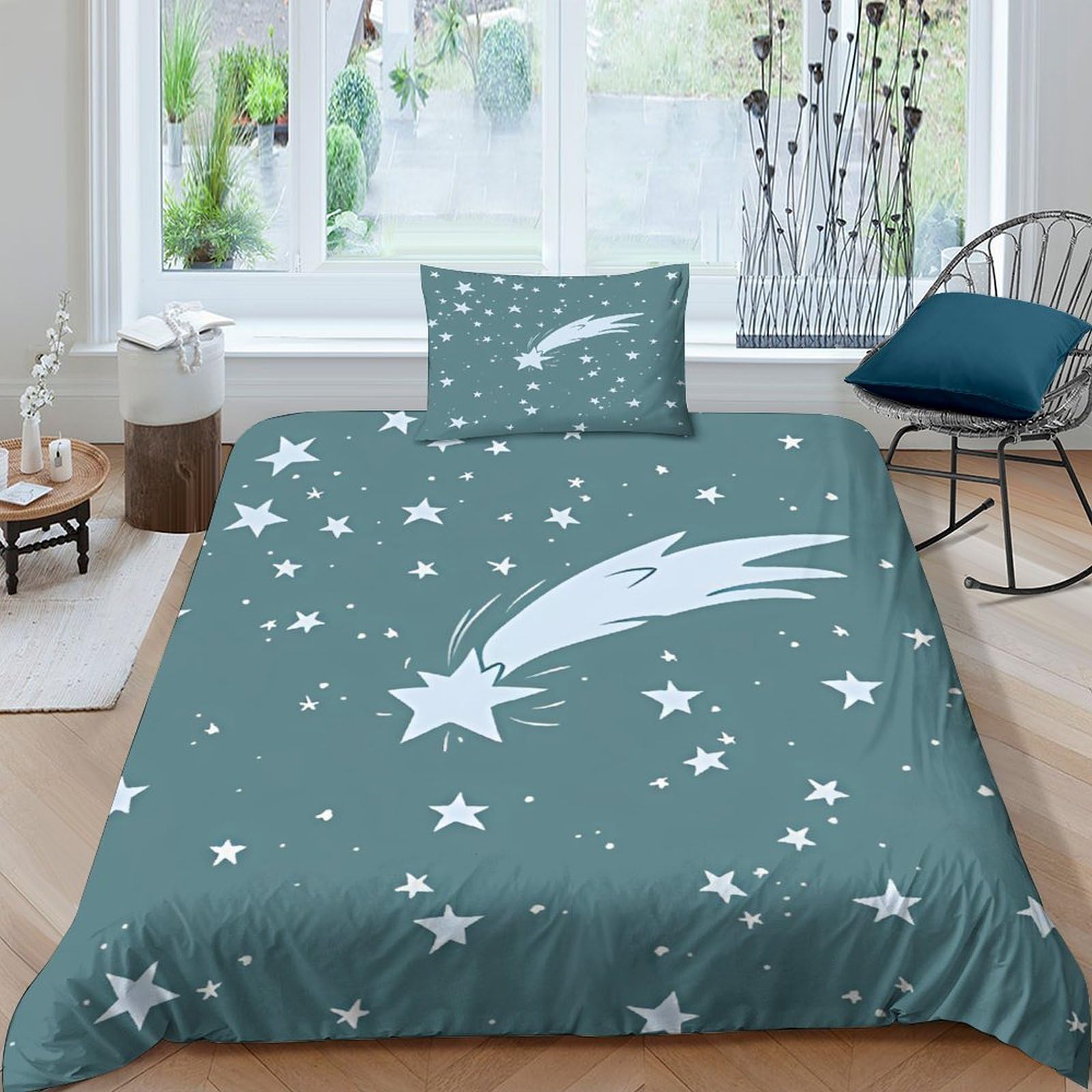 Housse de couette avec taies microfibre motif météore et étoiles