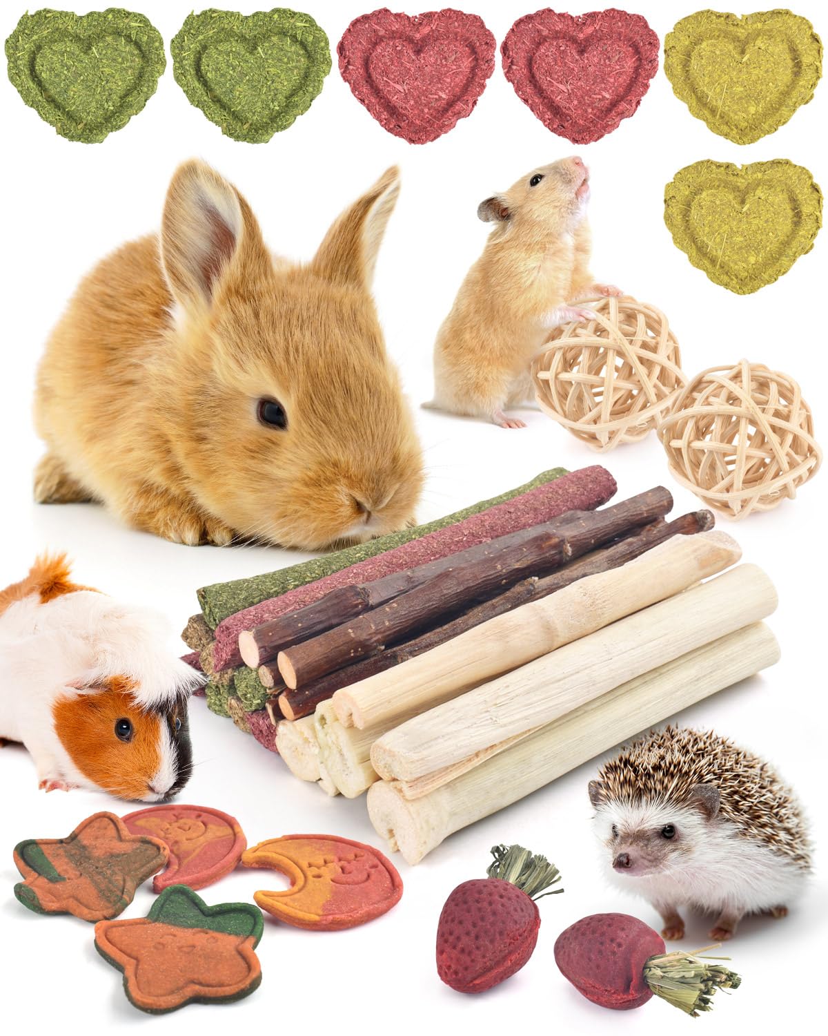 ERKOON 33PCS Bunny Chew Toys for Rabbits Teeth, Natural Rabbit Toys Apple Wood Sticks, Carrot, Timothy Grass Toys for Small Pets, Hamster, Chinchilla, Guinea Pig Dental Care and Treat Teething Toys