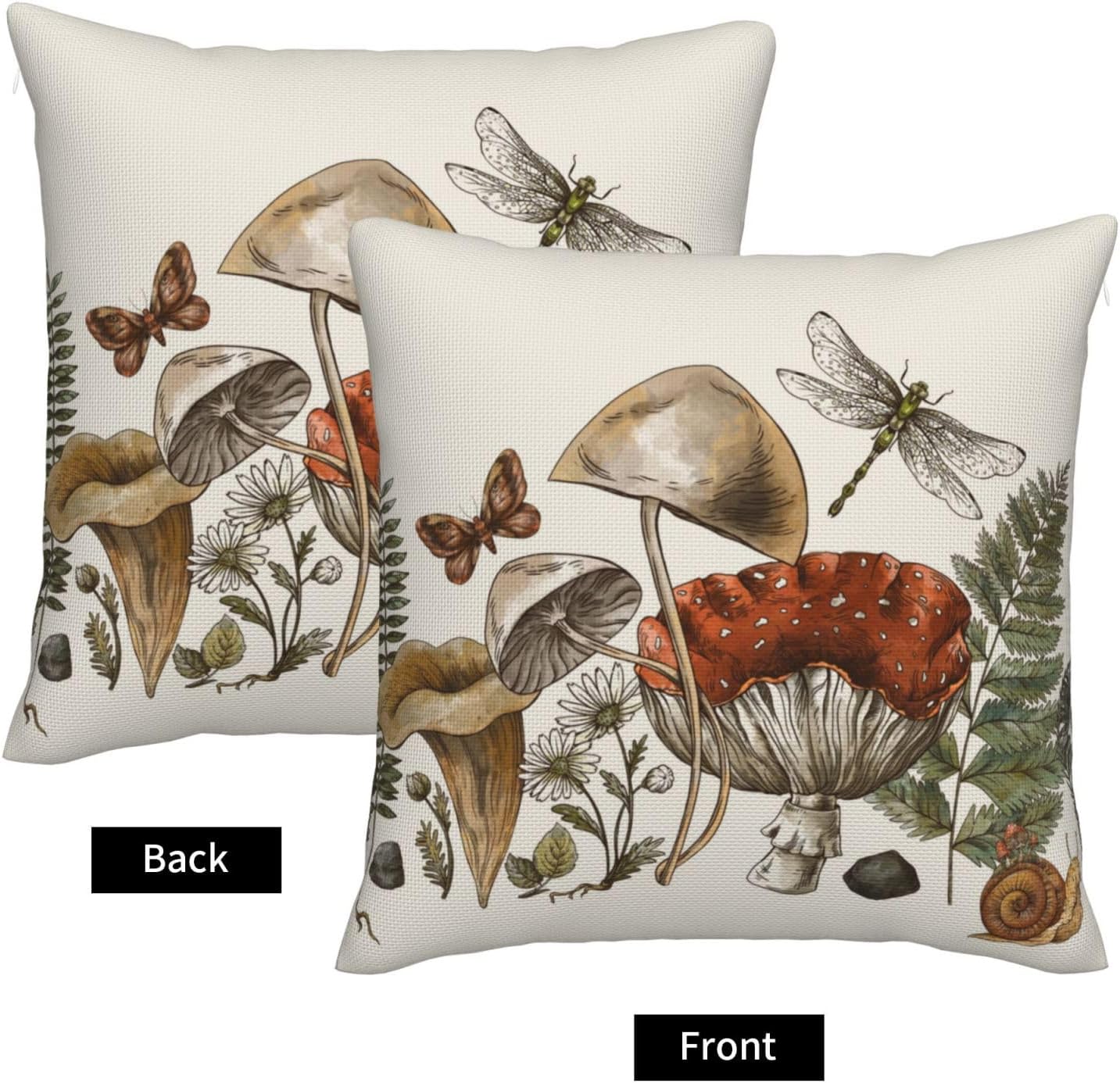 Mushroom Pillow Covers 20 x 20 Set of 2 Mushrooms Plants Butterfly Linen Throw Pillow Cover Vintage Botanical Decorative Pillowcases for Living Room Couch Bed Sofa Outdoor image 2